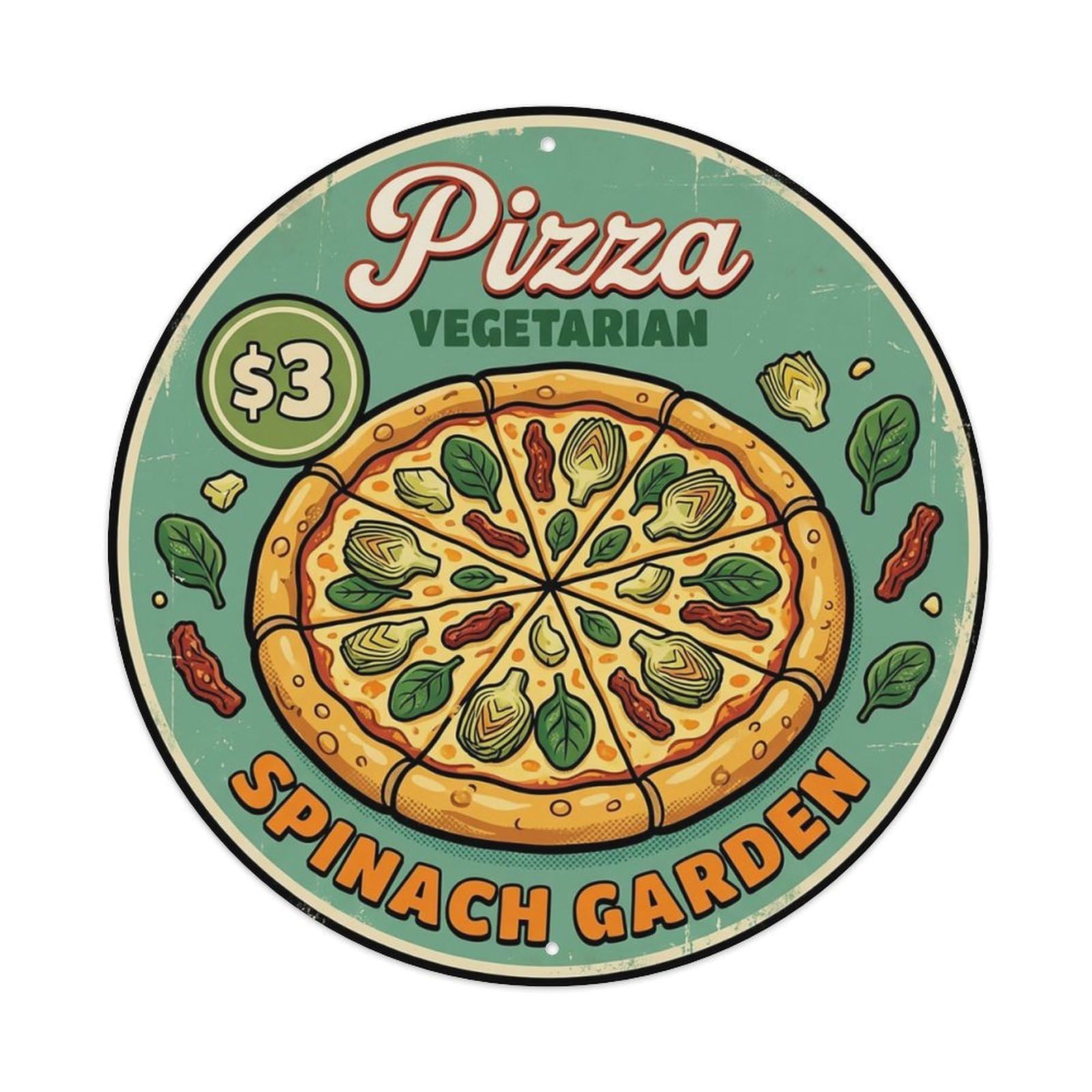 Huiyhb 8X8inch(20X20cm) Vintage Pizza Slice Italian Traditional Cuisine Spinach Metal Tin Sign