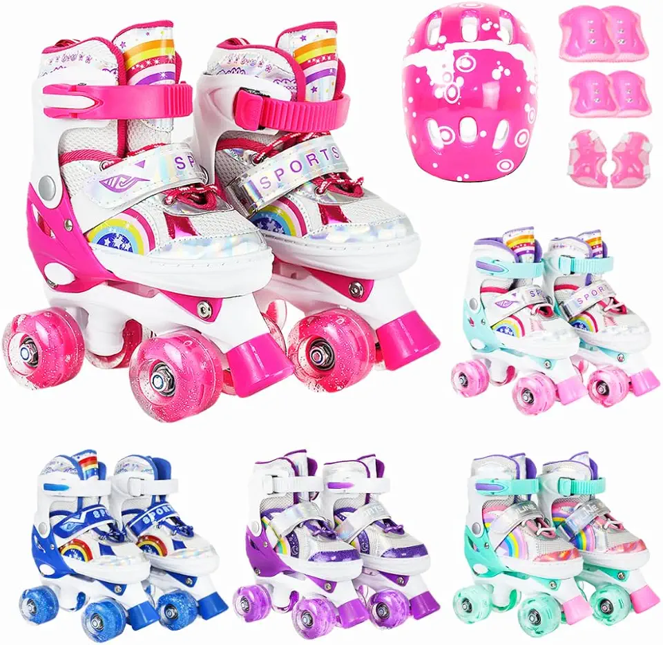 Patins 4 Rodas Infantil Ajustável Led + Kit Proteção