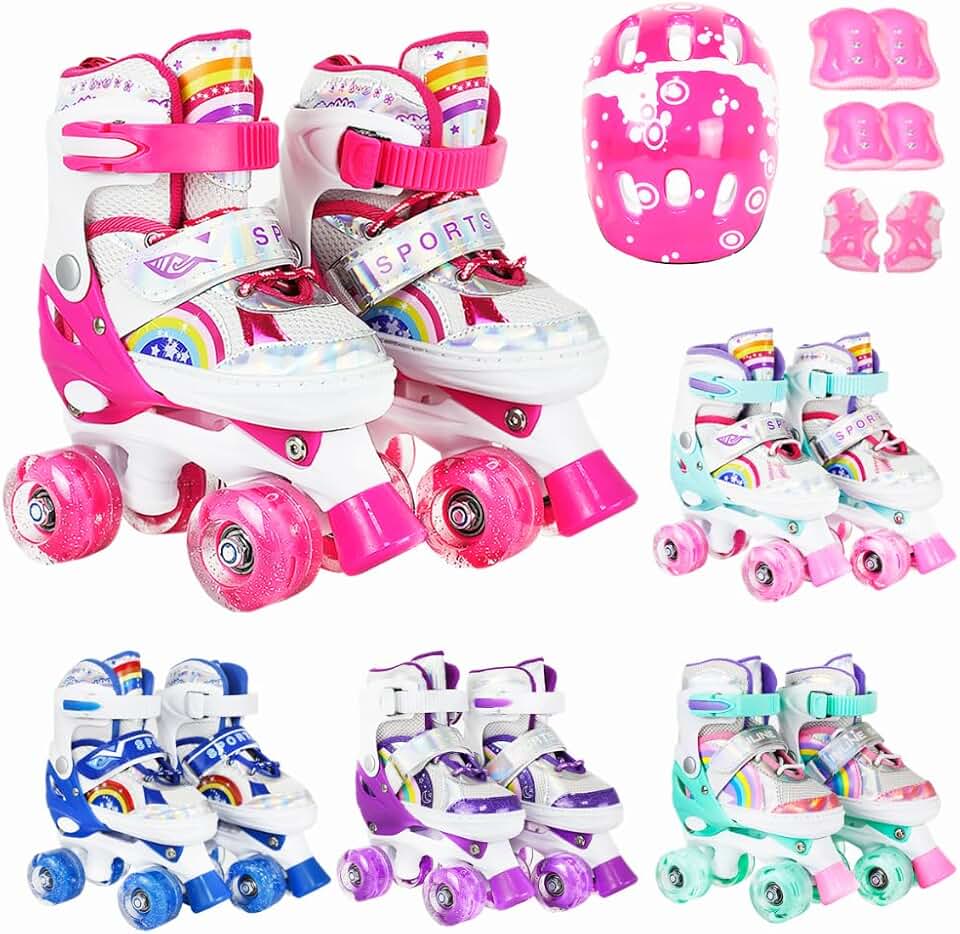 Patins Infantil Led Ajustável 4 Rodas Rodinha E Kit Proteção