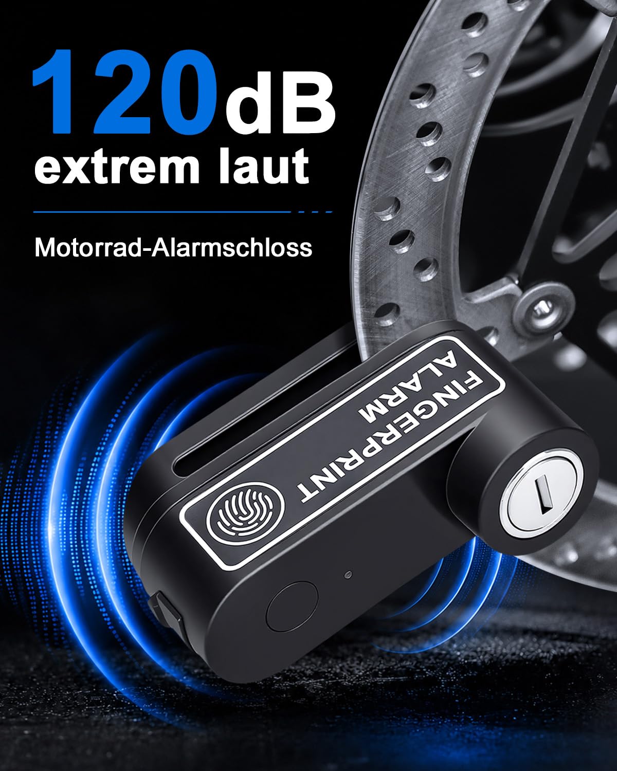 ZEXMTE Fingerabdruck-Motorrad-Alarm-Schloss, 120 dB USB C, wiederaufladbar, Anti-Diebstahl-Alarm, Scheibenbremsschloss