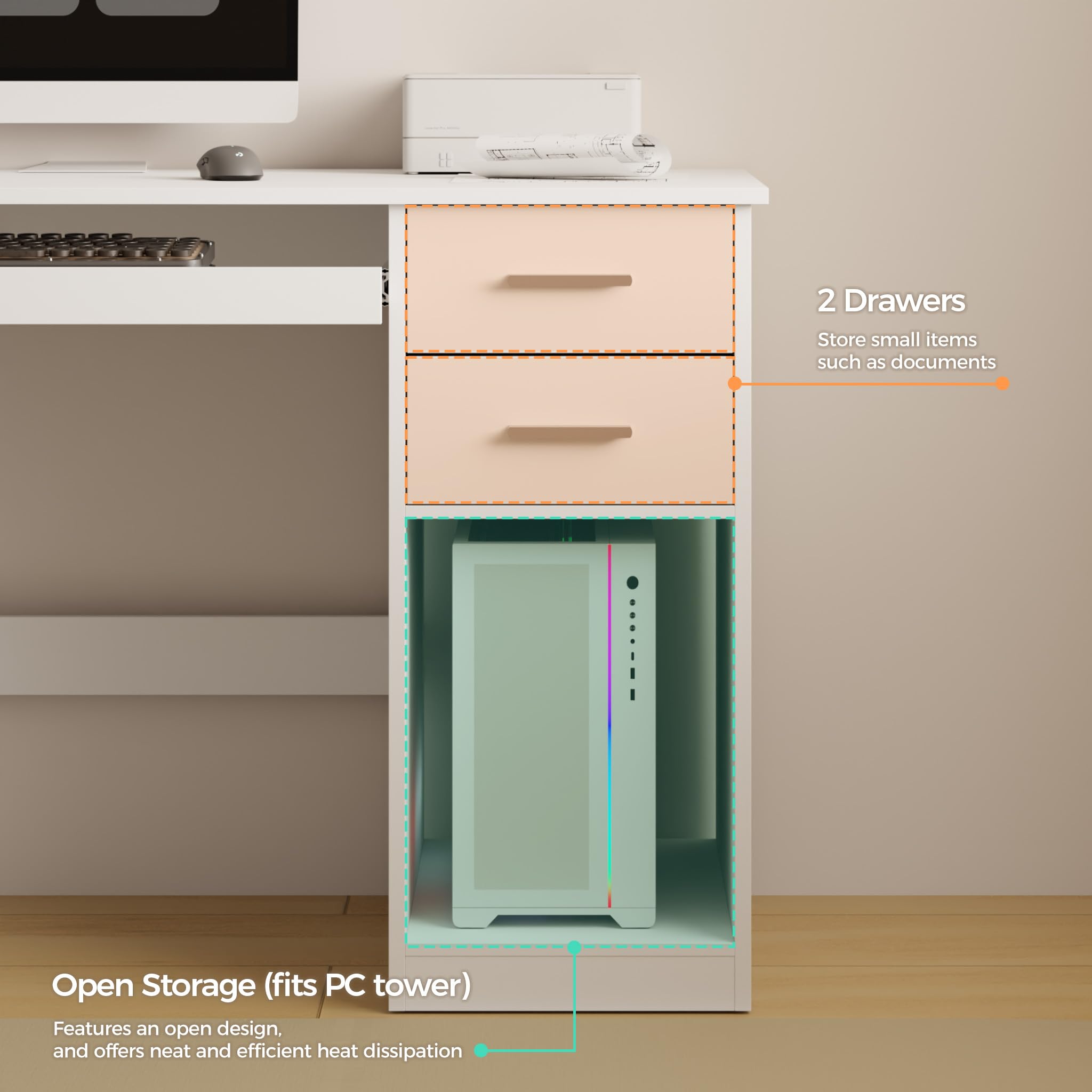 Mondeer Schreibtisch mit 2 Schubladen, 105 x 48 cm Computertisch mit Tastaturauszug, Bürotisch Moderner für Büro Heimbüro Arbeitszimmer Schlafzimmer, Weiß