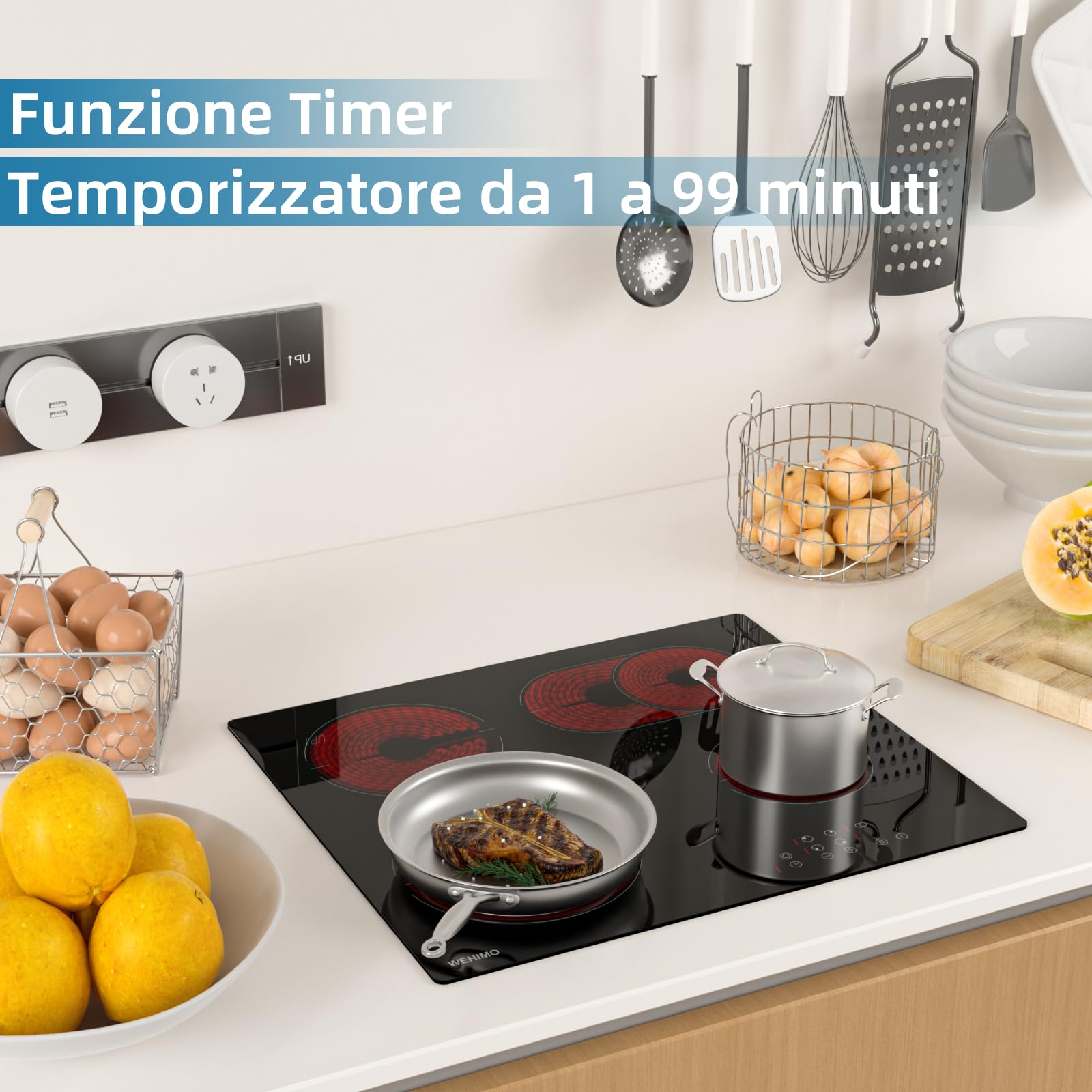 Piano cottura in Vetroceramica 4 Fuochi, WEHIMO Piano Cottura Elettrico 59cm, 7200W, 4 Zone di Cottura, Controllo Tocco, Timer, 9 Livelli di Riscaldamento
