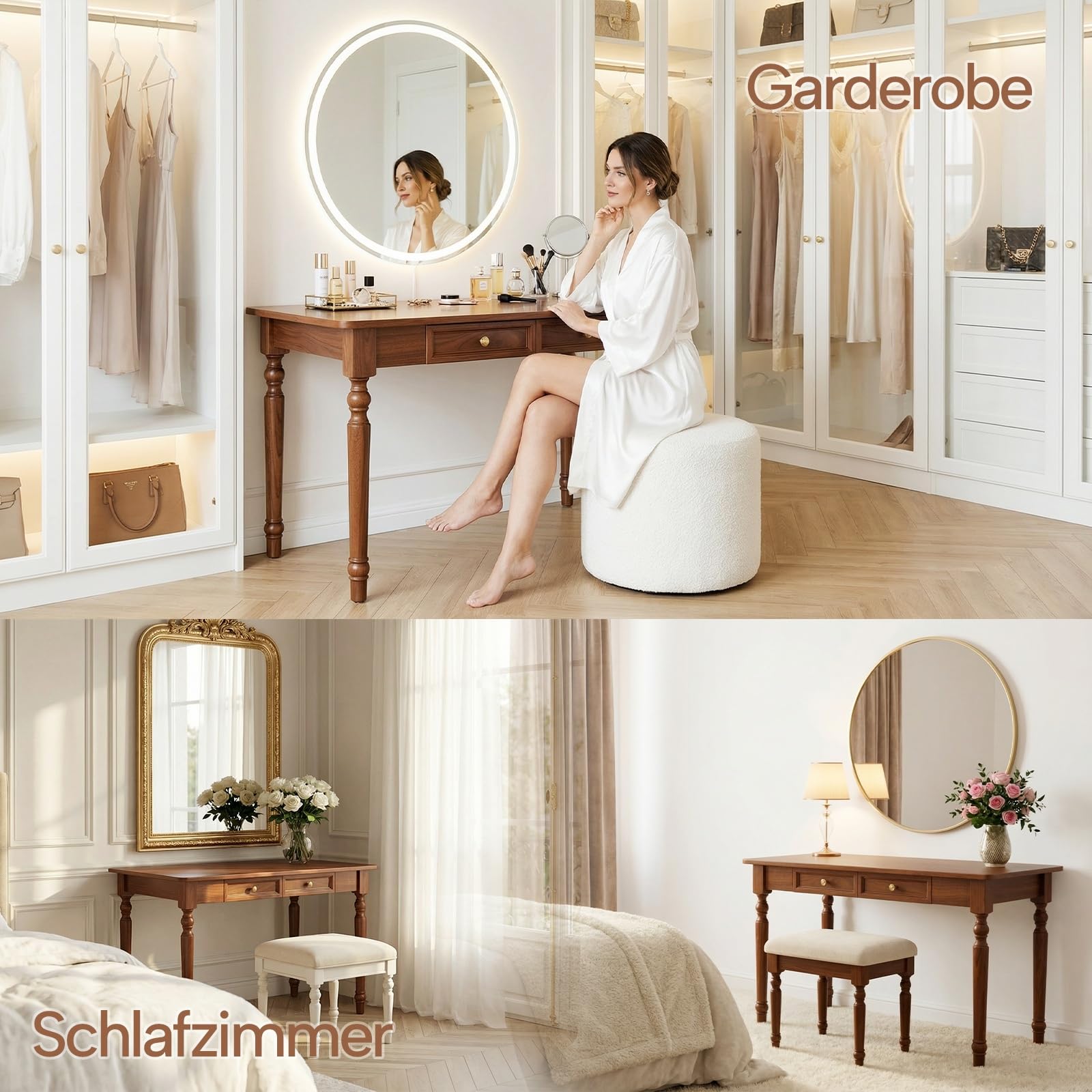 Schreibtisch Massivholz Landhausstil, 100 cm Sekretär Vintage Walnuss, Gummibaumholz Computertisch mit Schubladen, Konsolentisch für Home Office & Schlafzimmer