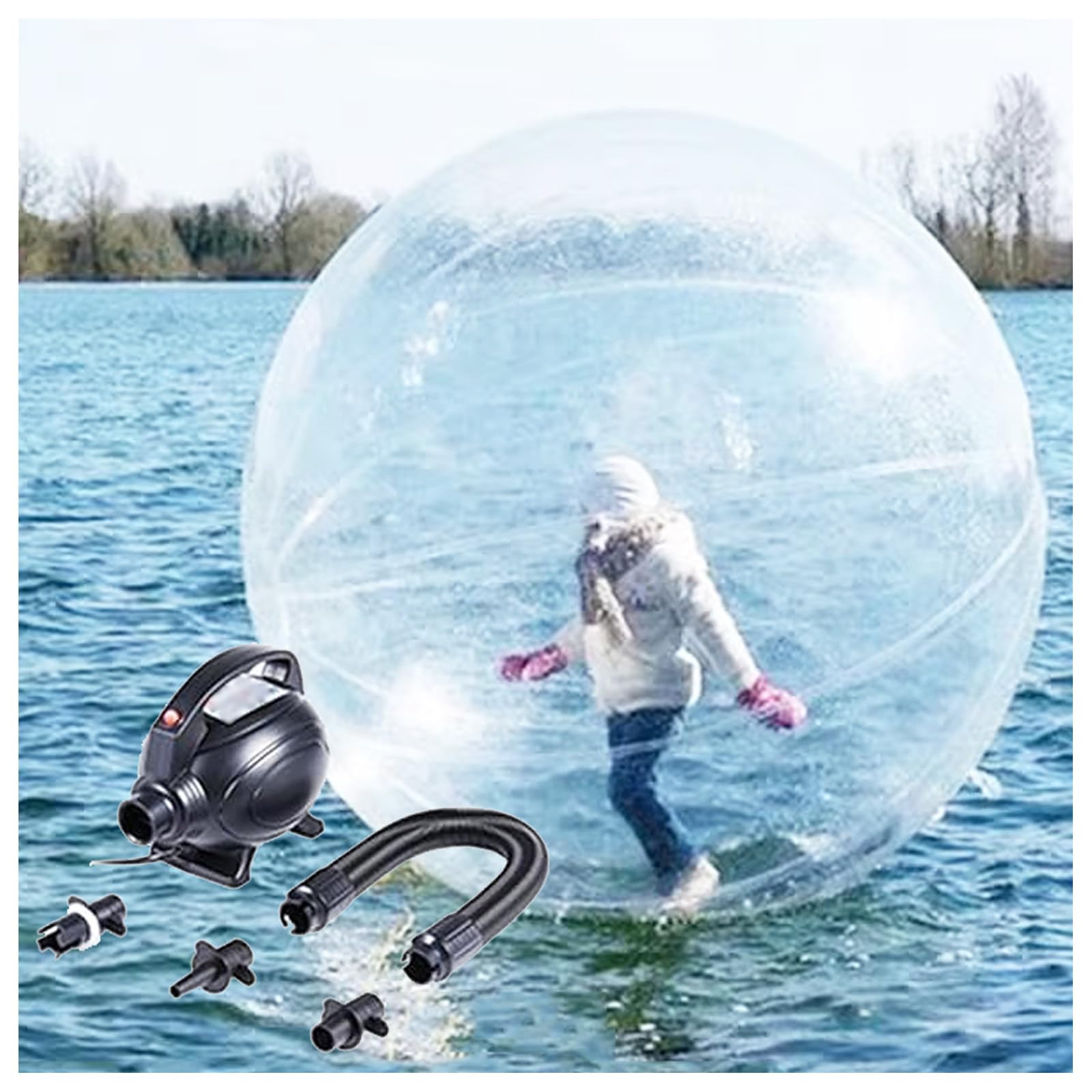 Palla Gonfiabile da Passeggio in Acqua da 1,5/1,8/2/2,5 m, in PVC, per Spiaggia e Attrezzature per l'intrattenimento, Trasparente, con Pompa ad Aria elettrica e Cerniera, 2,5 m