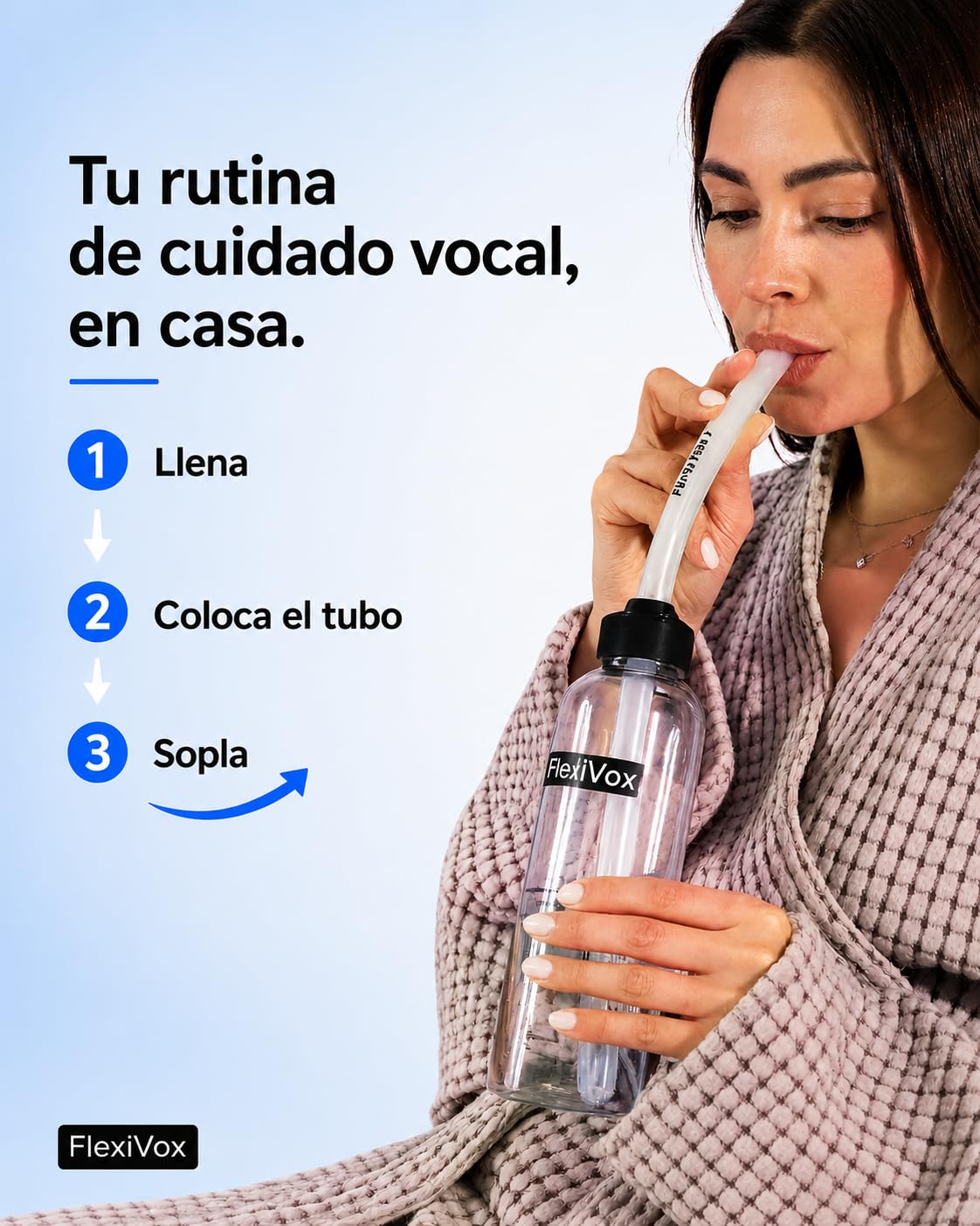 FlexiVox®, compatible con Método Lax Vox | Ideal para Entrenamiento Vocal SOVT, utilizado por Cantantes y Logopedia | Kit completo: Tubo y Botella Graduada, Cepillo, Bolsa con eBook incluido