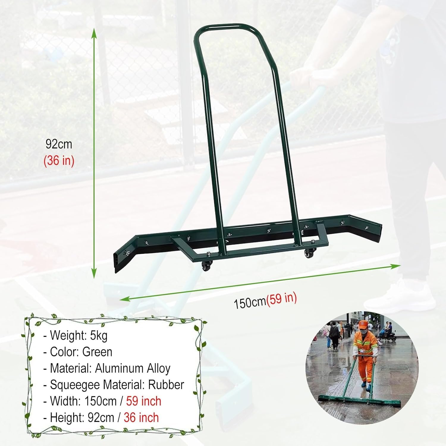 Ściągaczka do kortu zewnętrznego, wytrzymała, do usuwania deszczu, śniegu, wody, z kółkami, szerokość 135 cm, popychacz podłogowy do garażu