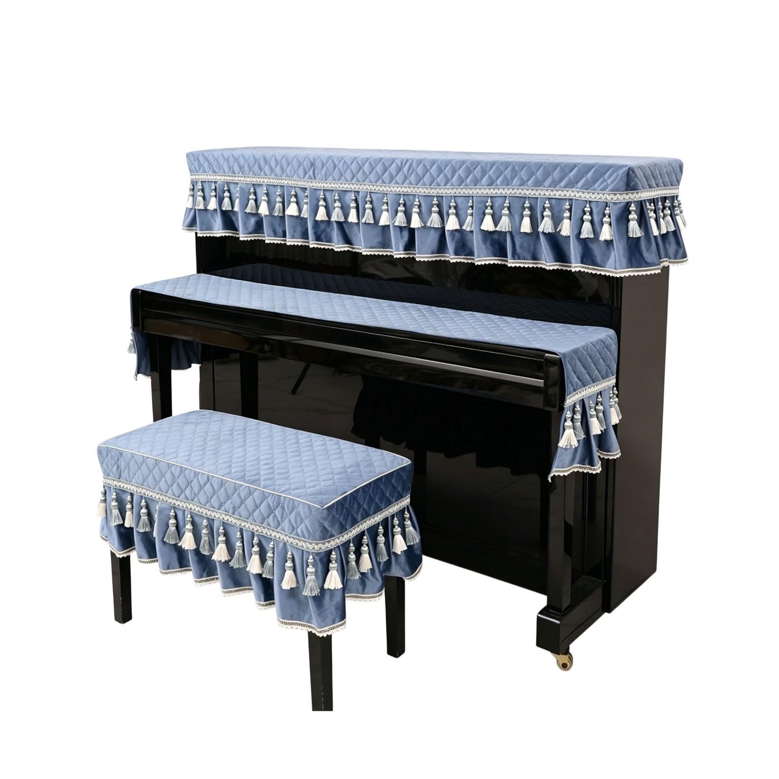 3 szt. Aksamitna osłona przeciwpyłowa na fortepian, niebieska(Top+Keyboard+Single Bench)