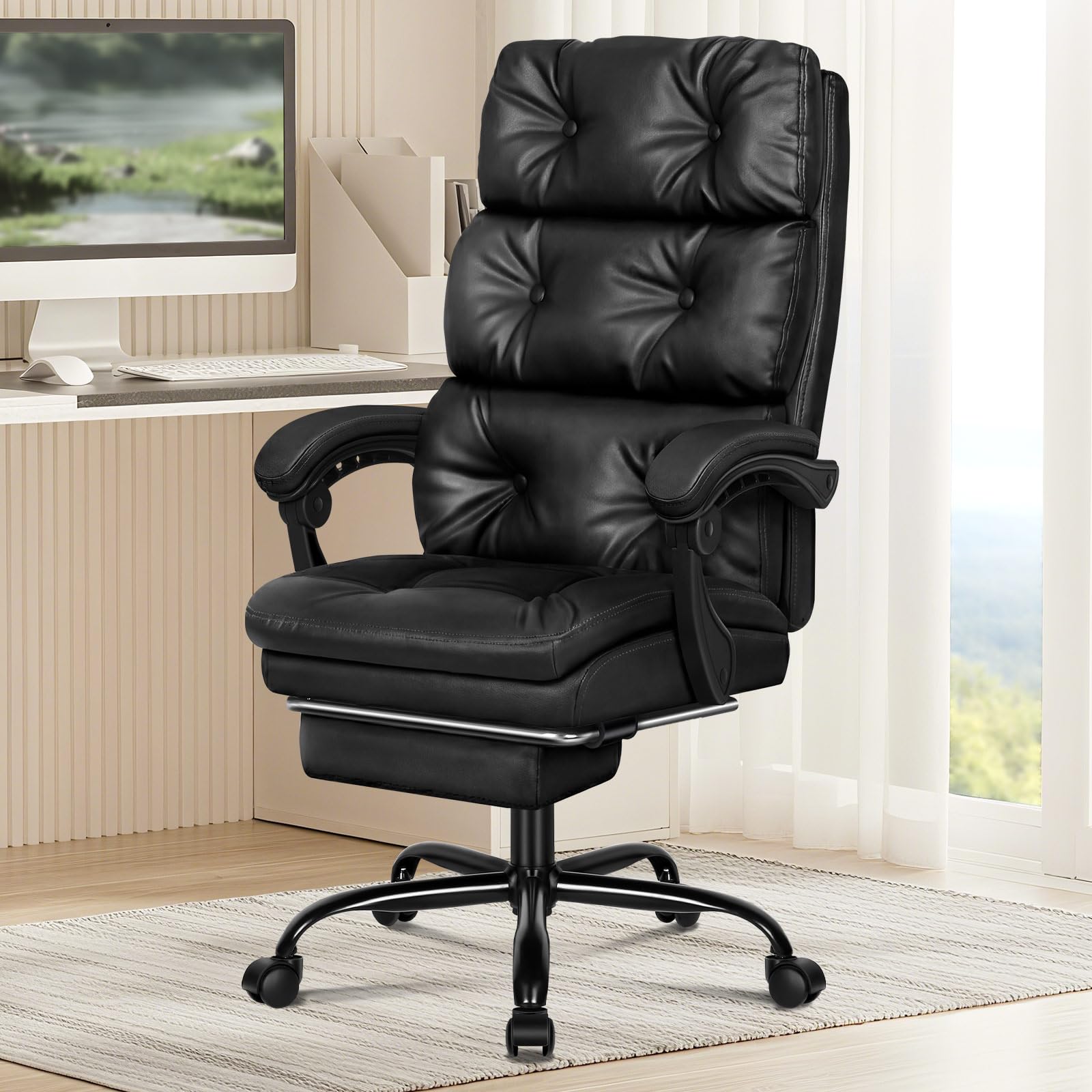 ELFORDSON Executive Office Chair with Dual Paddings for Home Office, Ergonomic PC Gaming Chair with Footrest Armrests, Comfy High Back 150° Reclining Computer Chairs, 180KG Loads, PU Leather, Black