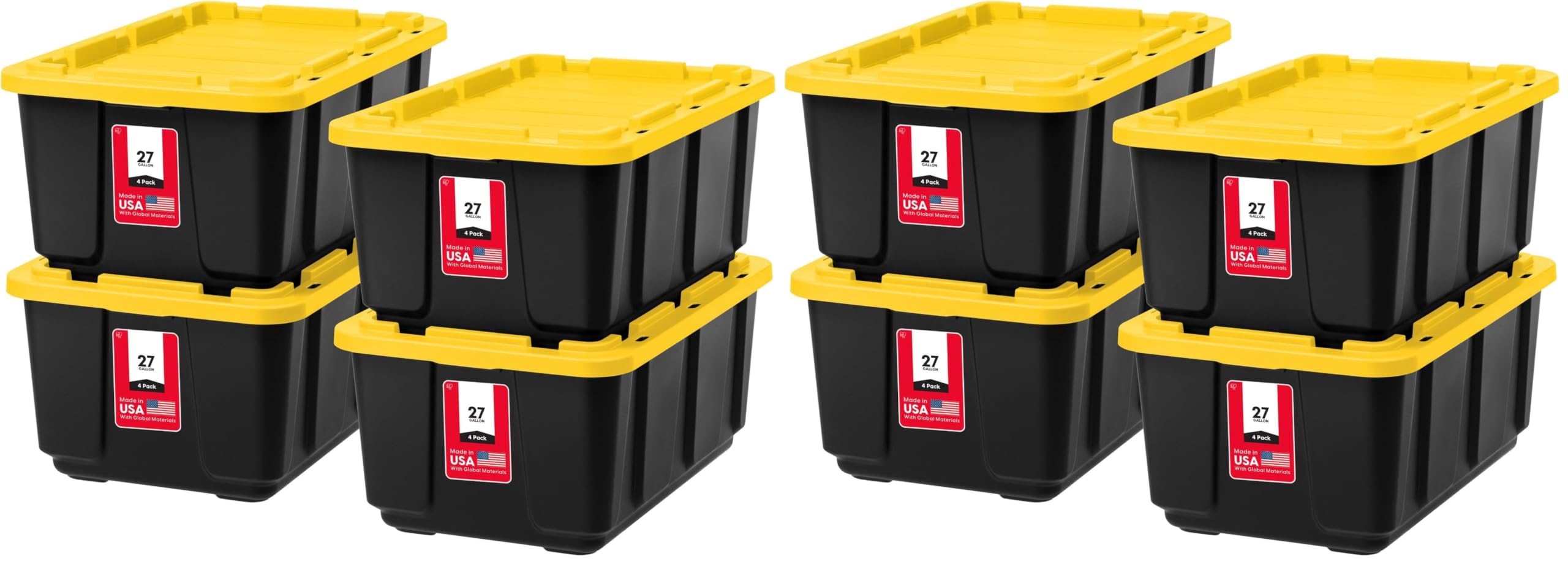 IRIS USA 8-Pack 27 Gallon Storage Bins with Lids |Made in USA| Heavy Duty Plastic Tote Containers for Truckbed Tool Box Organization, Large - Black/Yellow