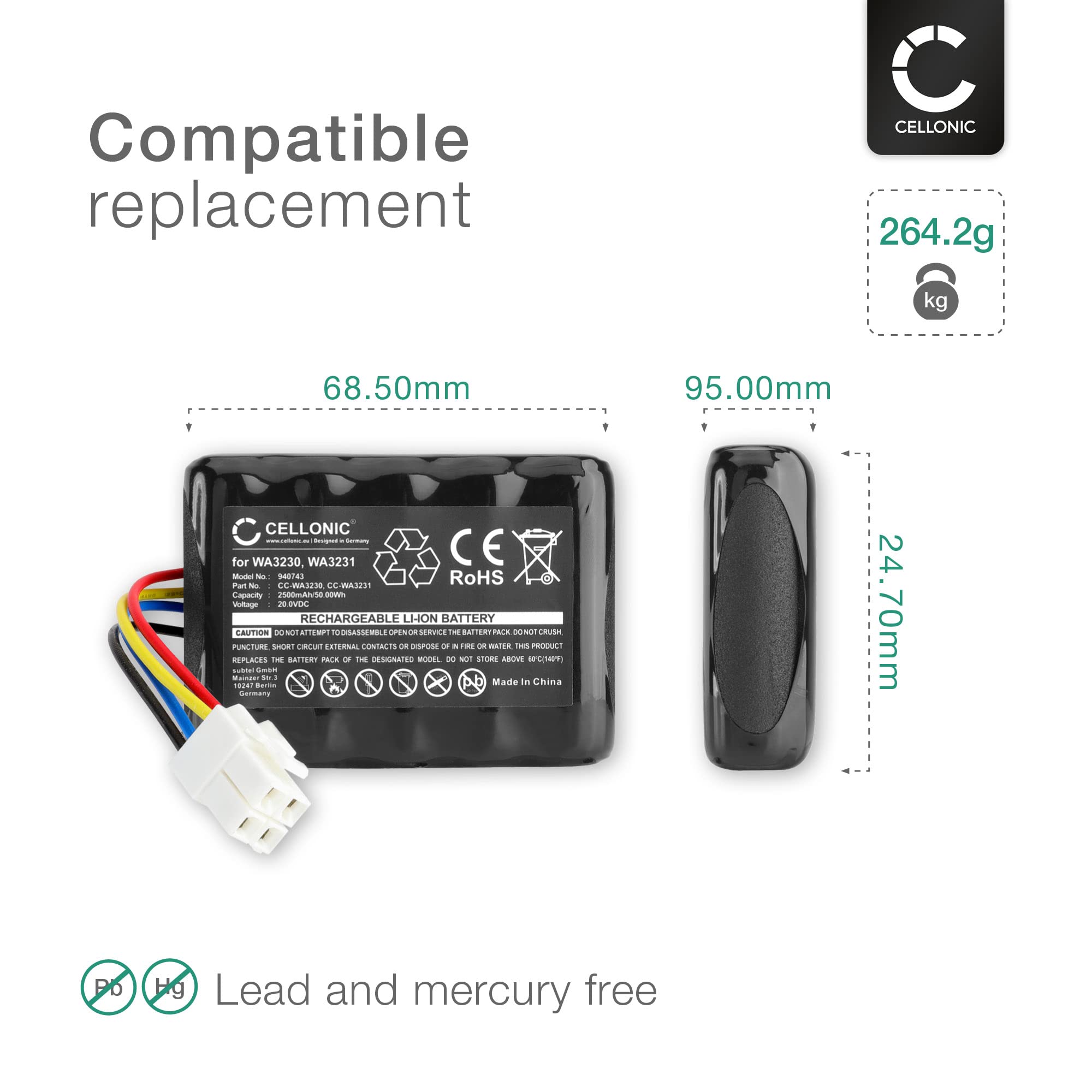 CELLONIC 2X Batería Compatible con Worx Landroid S Basic, 390m2 | 2x, (2500mAh-20V-Ion de litio), Herramienta Batería, para Worx WA3230, 50032492, WR105SI, WR105SI.1, 50032774, WR106SI.1