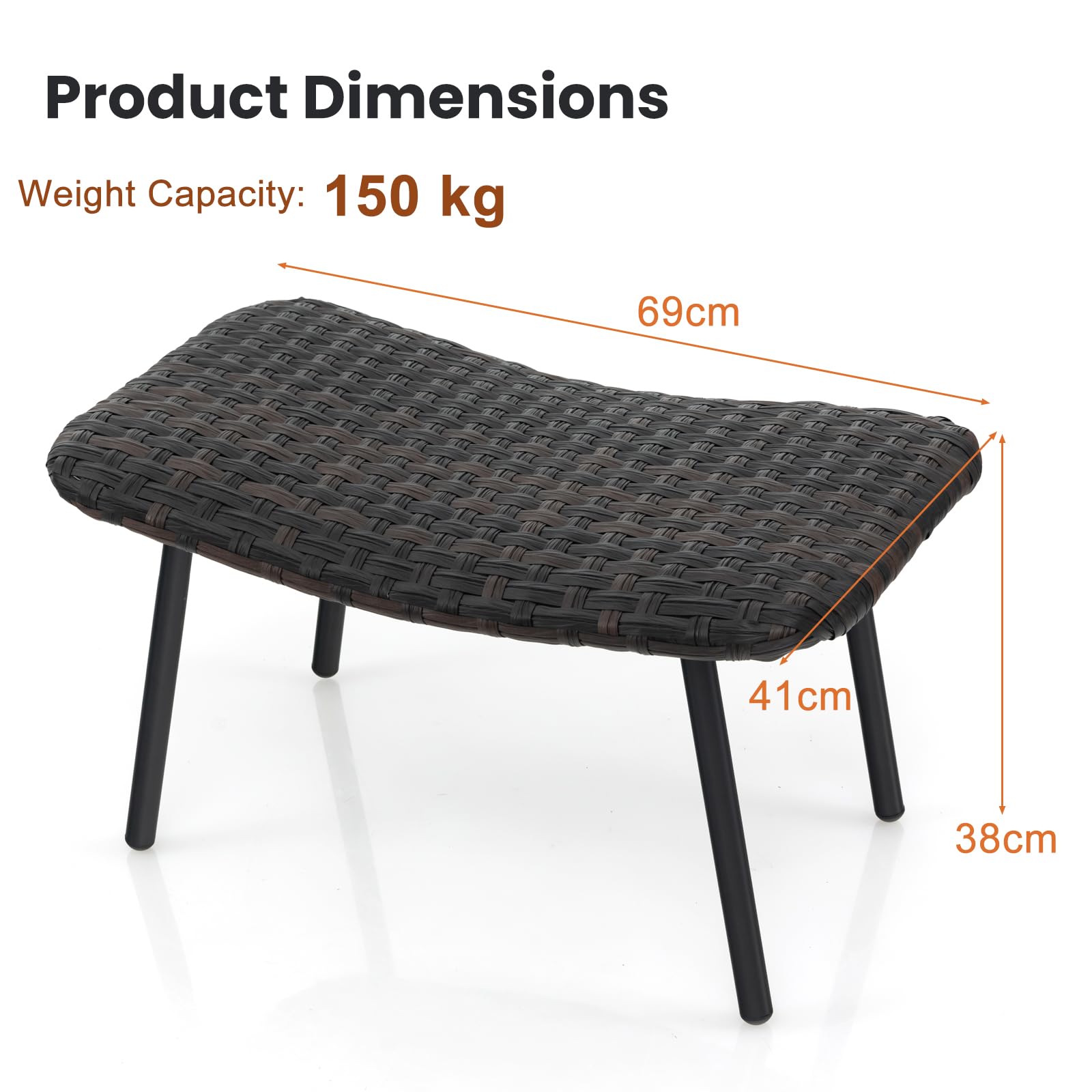LIFEZEAL Lot 2 Tabourets de Jardin en Rotin PE, Repose Pied pour Salon de Terrasse, Pouf Rembourré en Mousse à Séchage Rapide, Cadre en Métal, Charge 150 kg, Ottomane Extérieur 69x41x38 cm