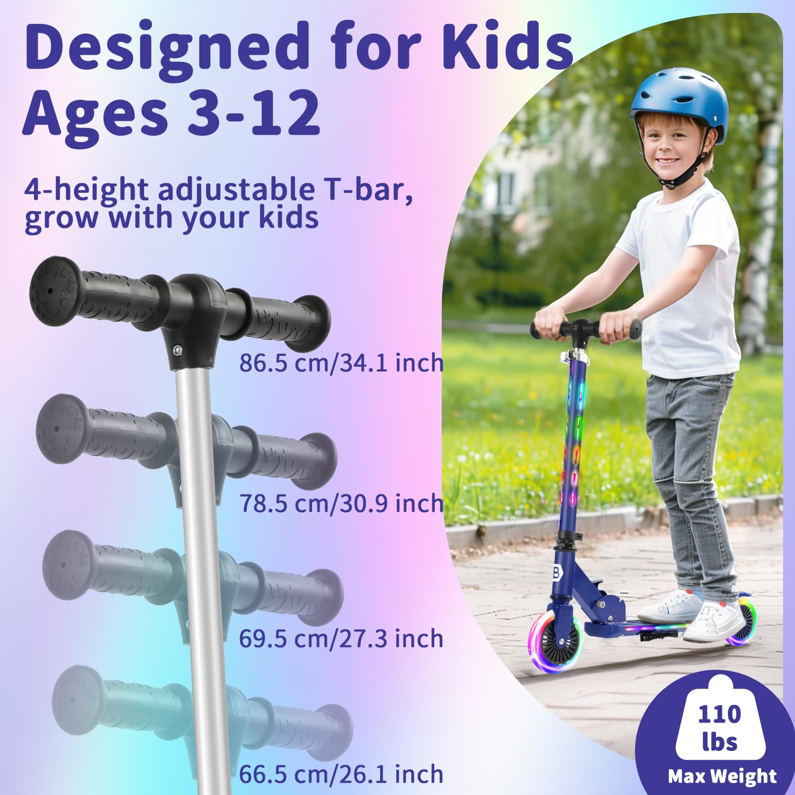 BELEEV V3 Trottinette pour Enfants avec Support, Scooter Pliable à 2 Roues | LED Roues Lumineuses, Stem & Deck, 4 Réglables en Hauteur, Trottinette pour Filles et Garçons de 3 à 12 Ans, Scooter