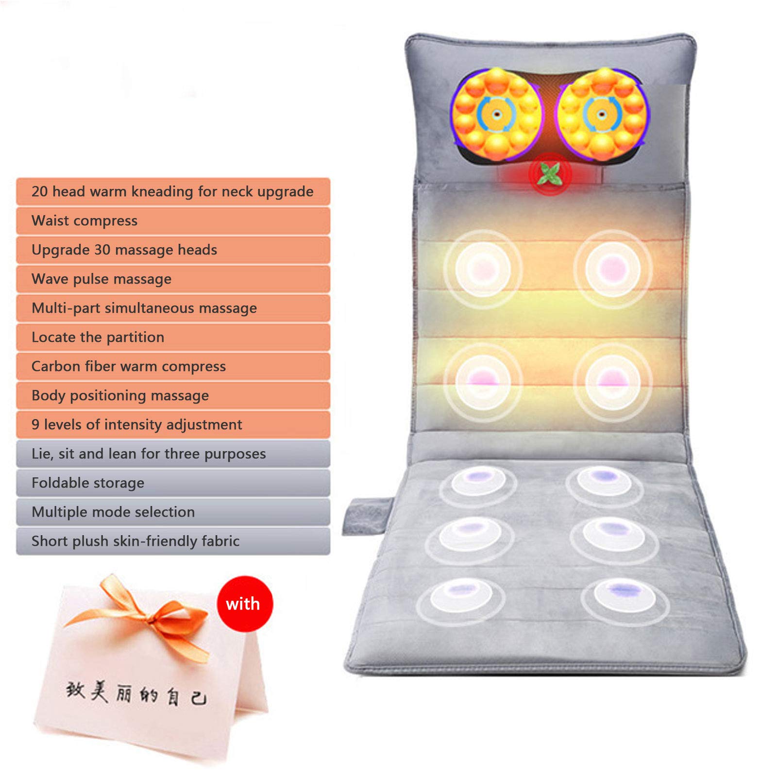 Colchoneta Masaje Terapia Multifuncional Cuerpo Completo Shiatsu Vibrataion Almohadilla con Calefacción Eléctrica, Derretir el Dolor de Espalda, Flexible, Cómodo y Plegable