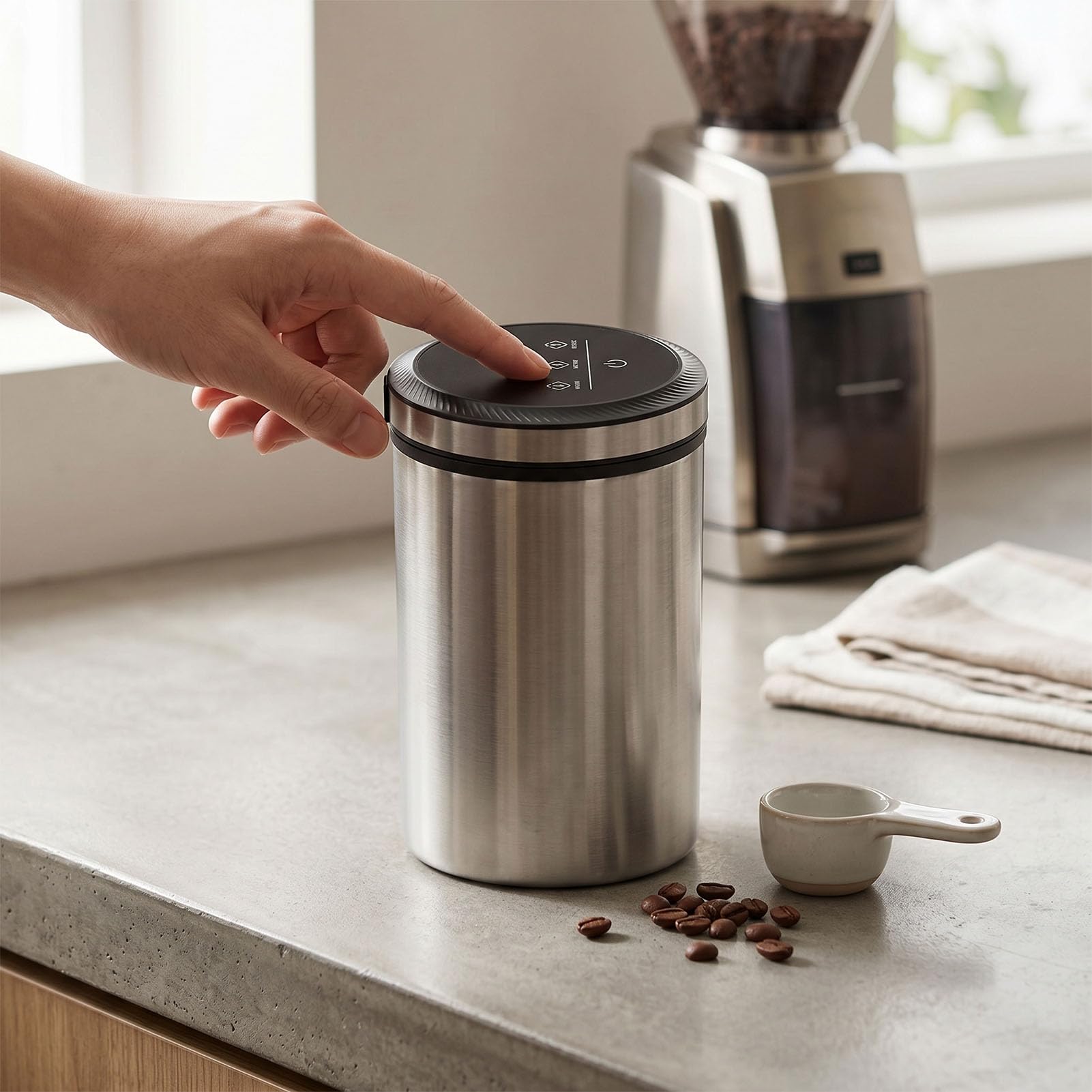 SIXRUN Automatischer Vakuum-Kaffeekanister aus Edelstahl, Luftdichter Vorratsbehälter für Lebensmittel, 2000 MAh, Wiederaufladbarer Vakuum-Kaffeekanister für Kaffeebohnen, Getreide, Mehl, Zuhause