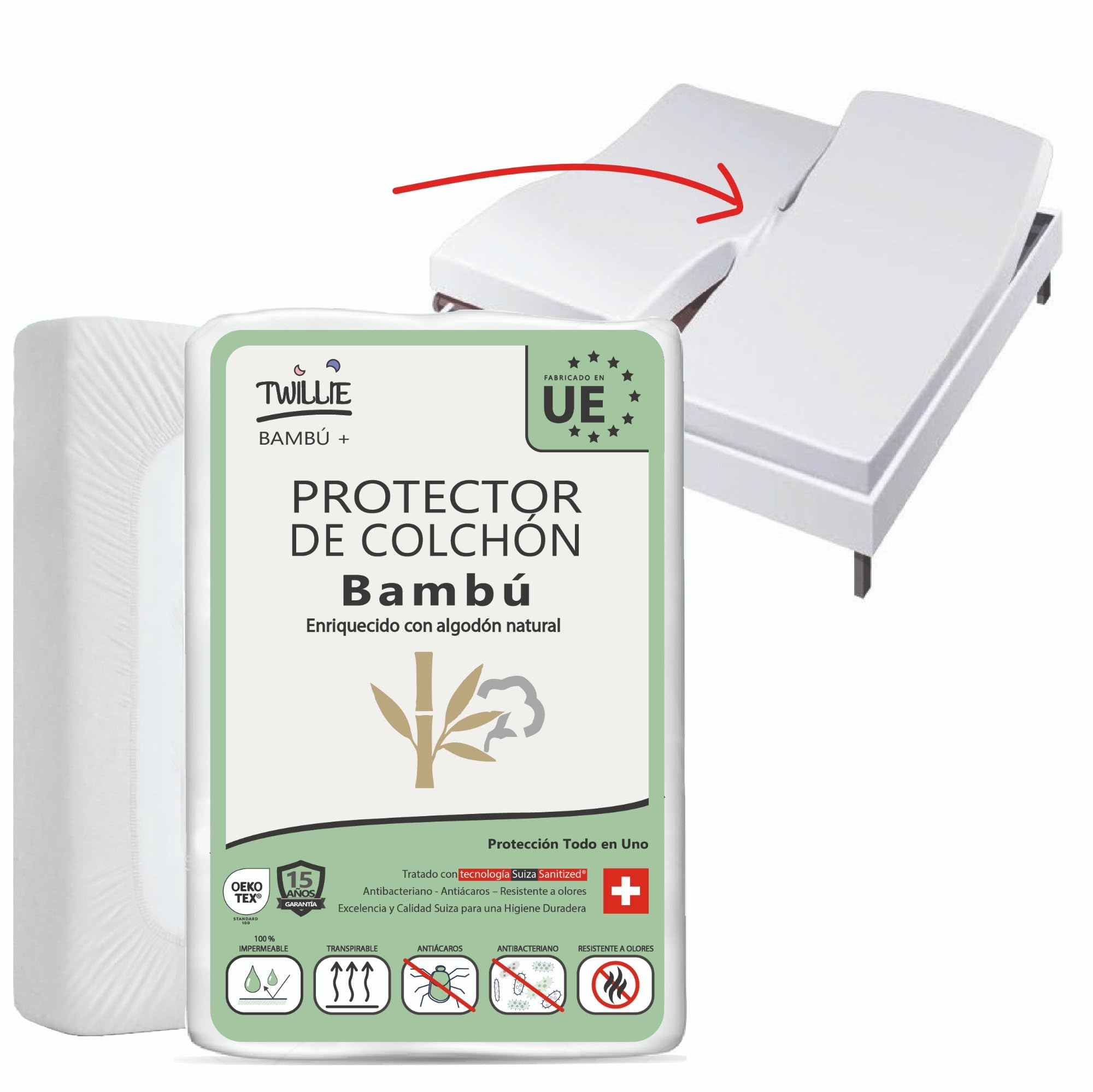 Twillie (Lote de 1) Protector Colchón Doble 2x70x190 Bambú – Impermeable, Cama ARTICULADA – Algodón Natural, Tratamiento Suizo Sanitized® Antiácaros – Hecho en UE