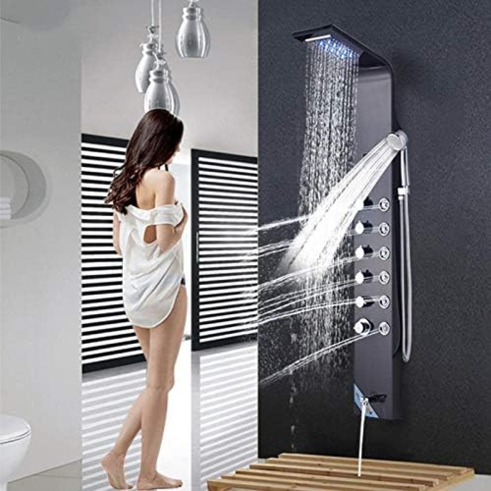 Panel de ducha tipo lluvia en cascada, montaje en pared de acero inoxidable con chorros de masaje para ducha de baño To pursue happiness