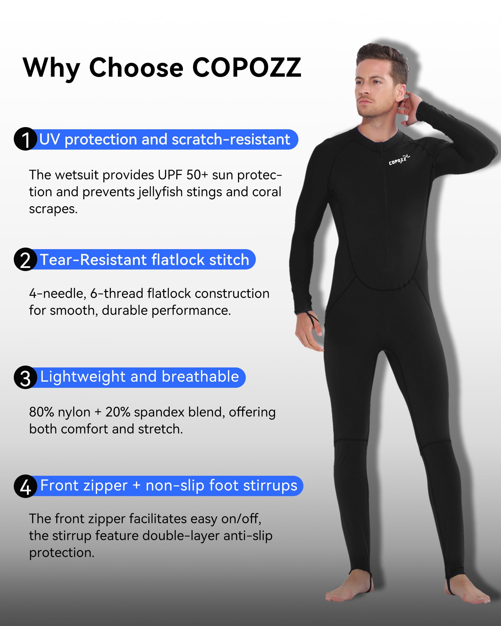 COPOZZ Traje de neopreno UPF50+ de piel de buceo, cremallera frontal y superelástico para snorkel, buceo, natación, surf