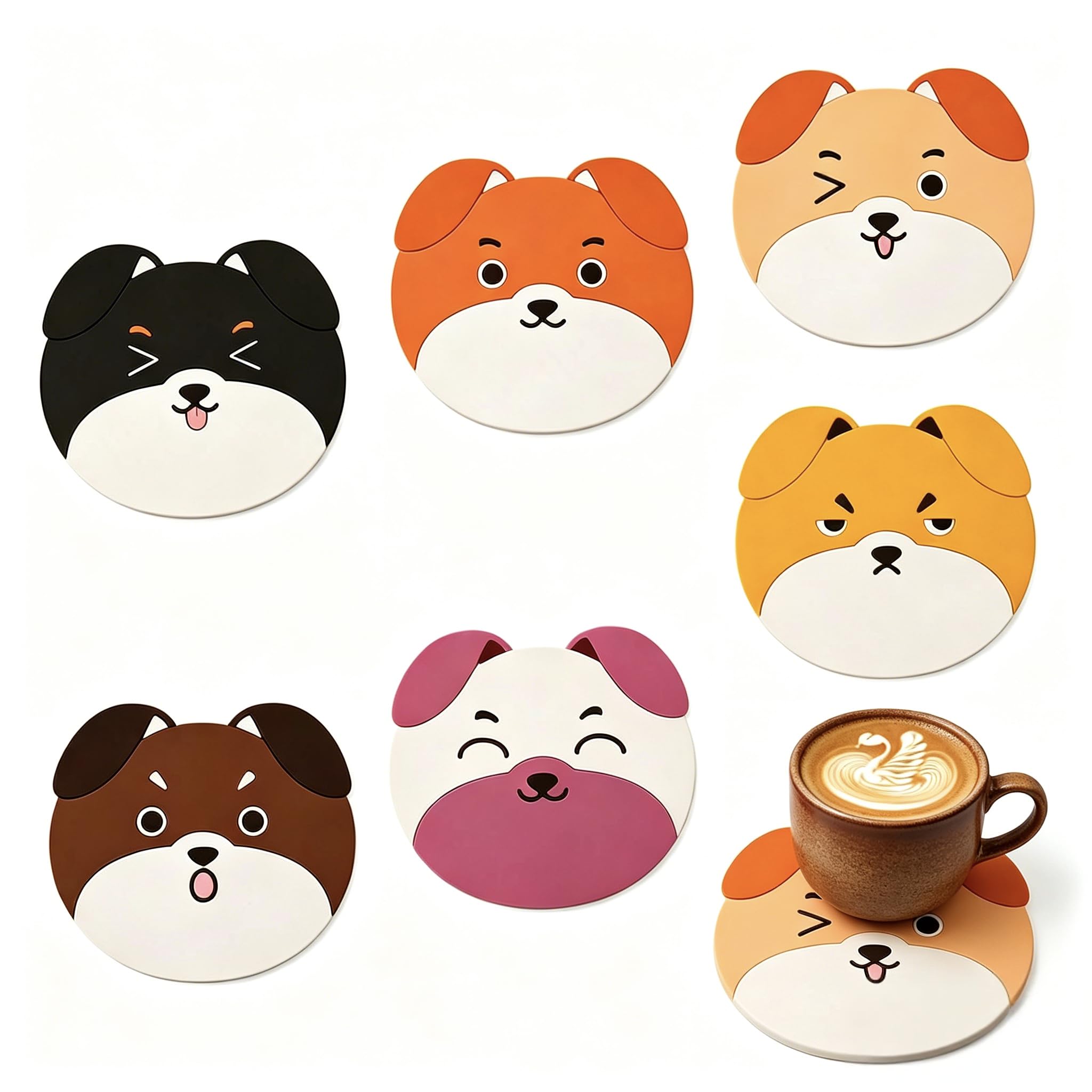 Aiyraa 6 PCS Cute Dog Coasters Set - Creative PVC Cup Mats, Fun & Practical Pet Decor, Perfect House Warming Gifts for Dog Lovers, Drink Coaster Gifts (Dog Coaster Set)