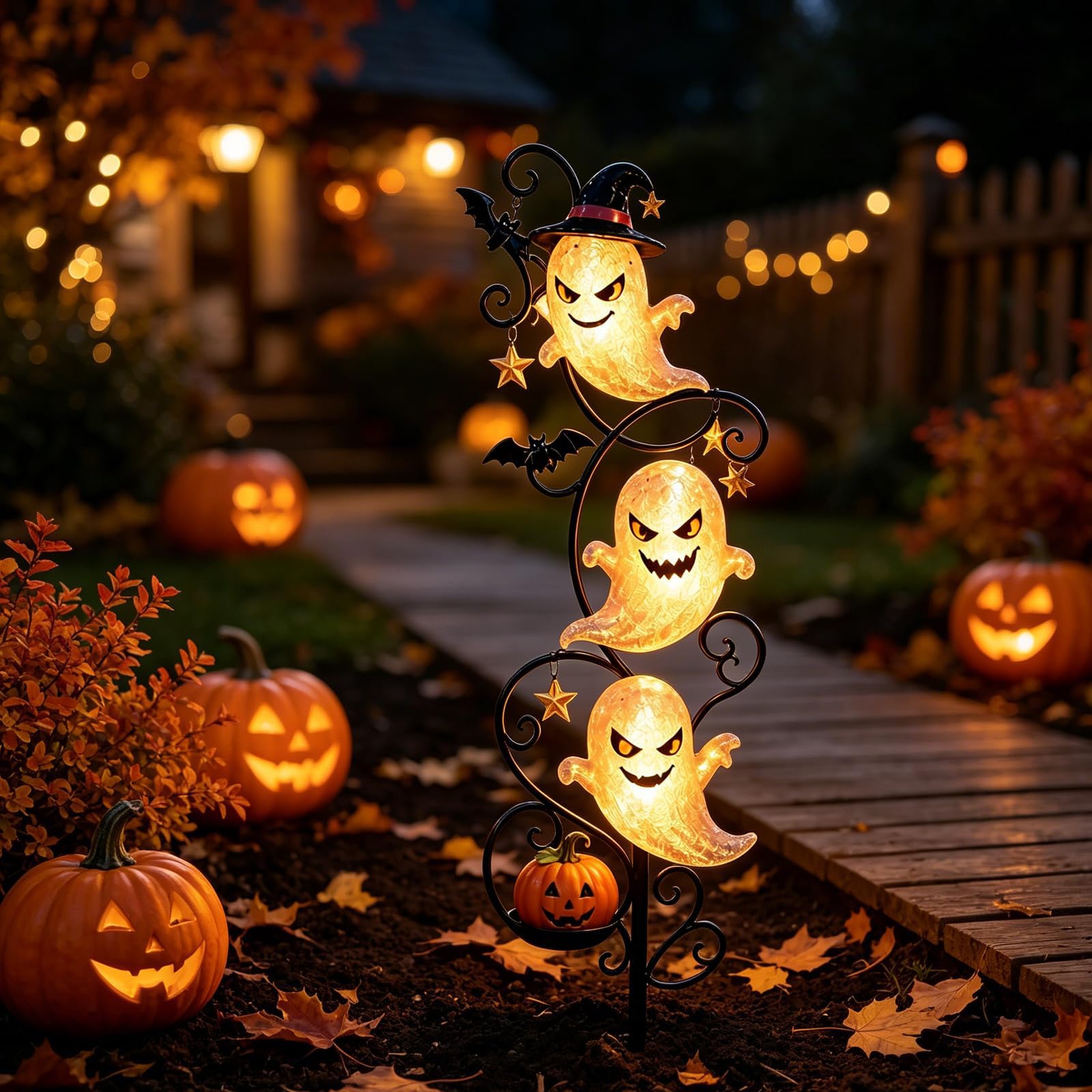 Solar Halloween Little Ghost Garden Stake Light, Witch Hat Stake Light