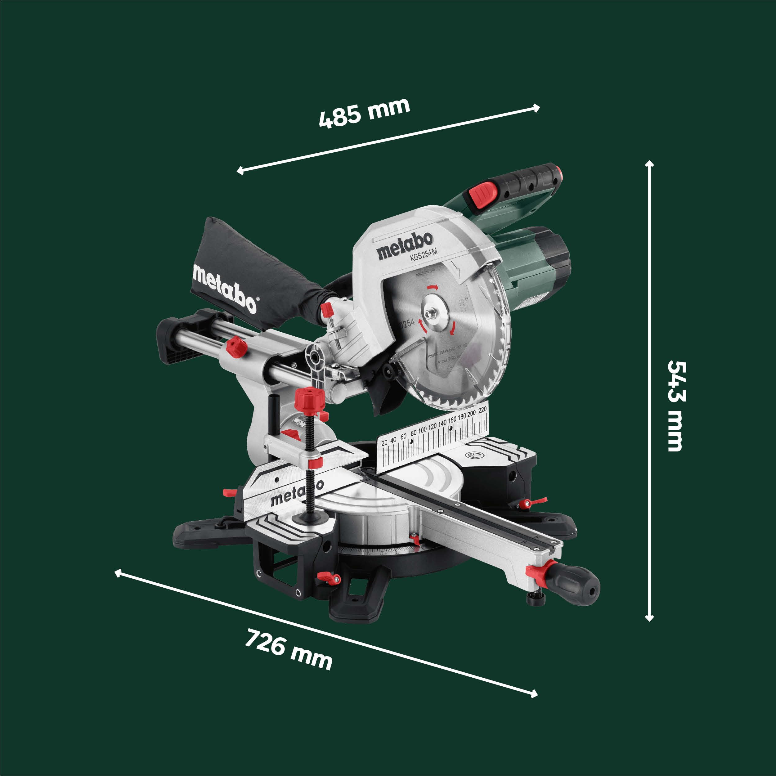metabo Kapp- und Gehrungssäge KGS 254 M, Zugfunktion, 254 mm Sägeblatt | Präzise LED Schnittlinie PCL, Sanftanlauf, inkl. Sägeblatt Precision Cut Wood, Materialklemme & Spänefangsack