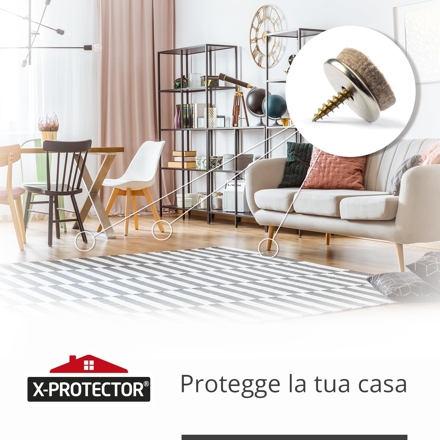Feltrini con vite X-Protector - 24 cuscinetti per sedie in feltro da 20 mm per pavimenti in legno - Feltrini per gambe di mobili BEIGE - Cuscinetti per mobili per parquet