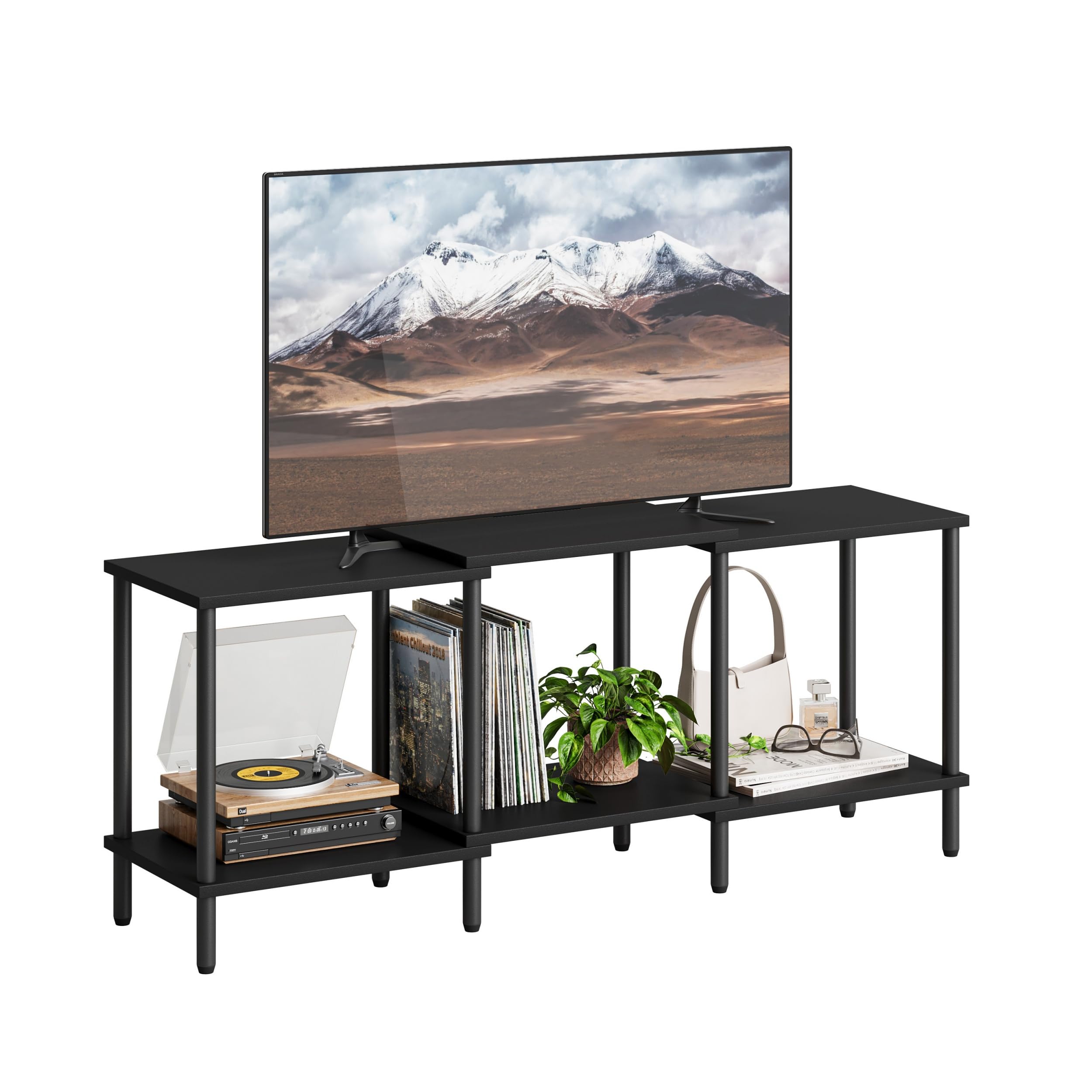 TV Schrank TV Board Sideboard Fernsehtisch aus Holz 2 Ebenen offene Fächer für Wohnzimmer und Schlafzimmer Schwarz LTS107BK