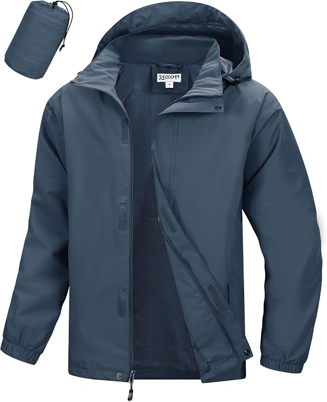 Men's Waterproof Rain Jacket Packable Lightweight Hood Rain Shell