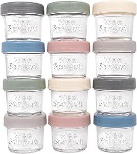 WeeSprout Glass Baby Food Storage Jars w/Lids (4 oz, 12 Pack Set) Snack, Puree, Reusable Small Containers, Breast Milk, Fridge or Freezer, Microwave &amp; Dishwasher Safe, Essential Must Have for Infants