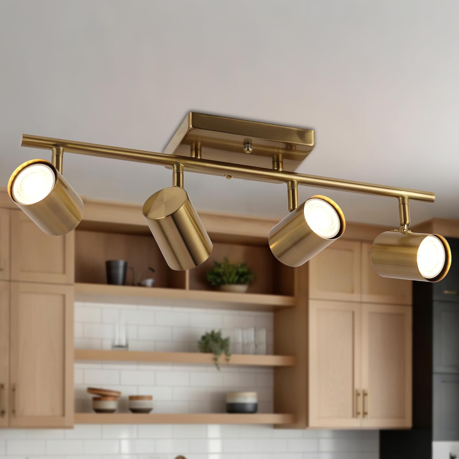 Gold 4 Light LED Track Lighting Kit, Modern Brass Ceiling Spotlight Fixture, Adjustable Kitchen Track Light with Flexibly 350°Rotatable Heads