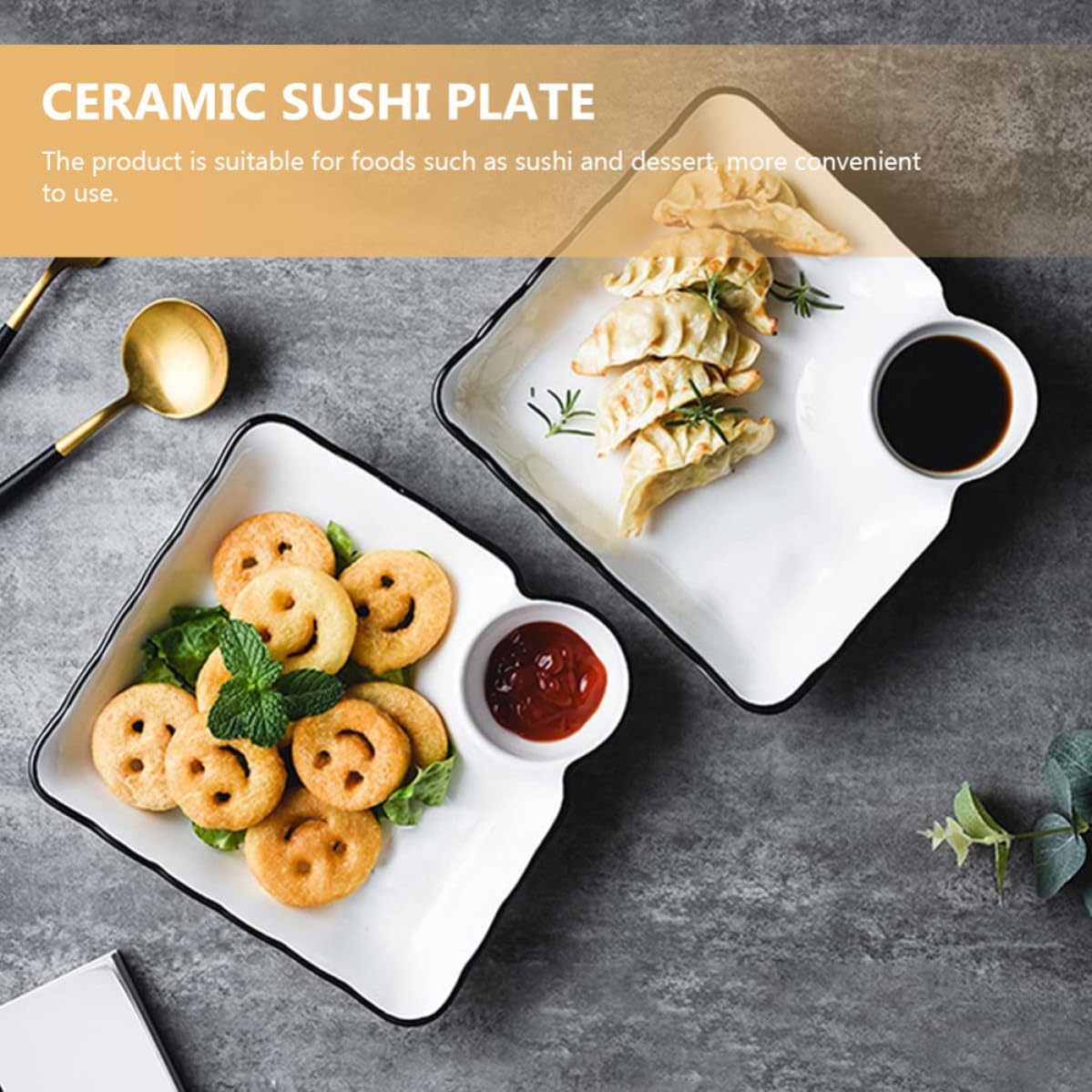Gadpiparty Lot Vaisselle 2 Pièces Assiettes en Céramique Blanc pour Sushis et Plats Asiatiques avec Bol à Sauce