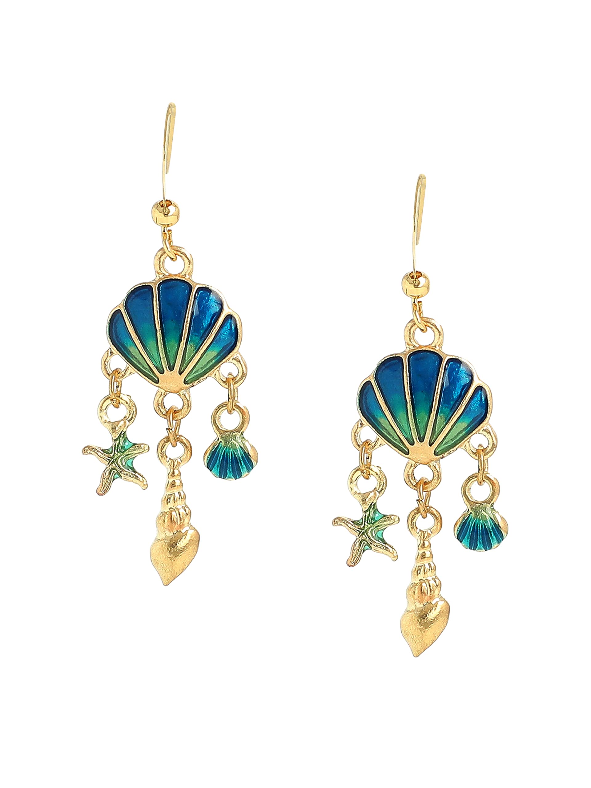 Sparkly Tassel Enamel Shell Dangle Earrings- Hypoallergenic Metallic Shell Starfish Fashion Earrings for Girls & Women (Peacock Blue Shell Earrings)-image-6