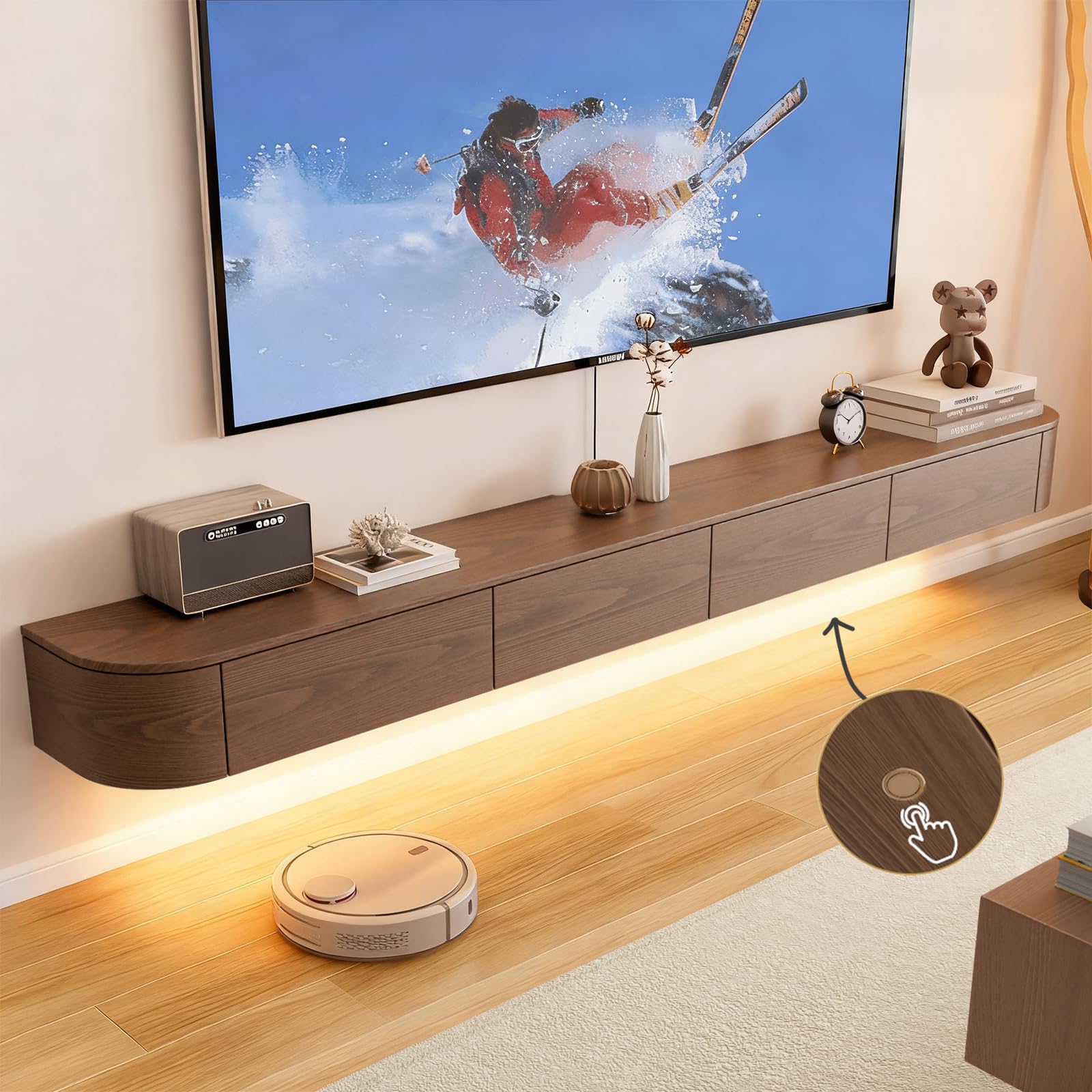 LED Wisząca Szafka TV z Pełnego Drewna | Nowoczesna Konsola Ścienna z Drzwiczkami Klapowymi | Przestronna Szafka pod Telewizor do Salonu i Biura (Brązowy, 220 cm)