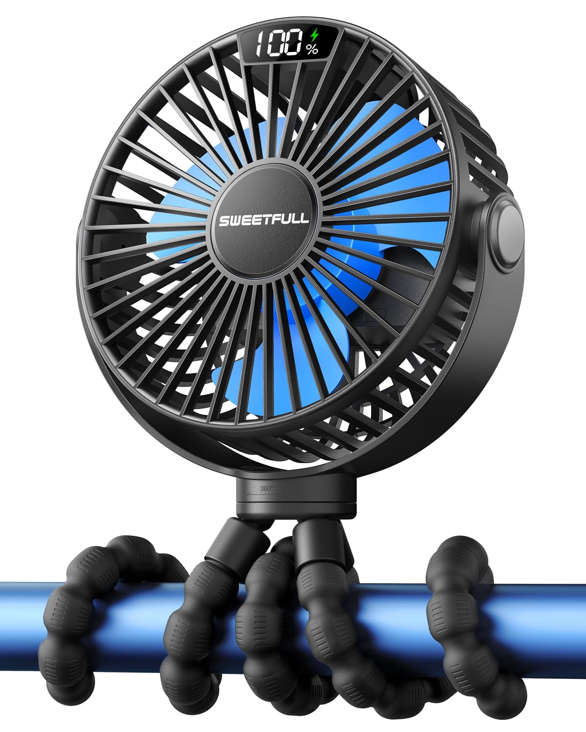 SWEETFULL 4000mAh Portable Stroller Fan with LED Display, 4 Speed Rechargeable Mini Clip On Fan, 360° Rotate Flexible Tripod Better Cooling Small Baby Fan for Car Seat Crib Travel Treadmill