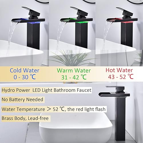 Miniatura 2 de Ximlike Grifo de baño LED, grifo de lavabo de baño con cascada de bronce aceitado con 1 agujero, grifo de latón con mangueras de suministro de agua