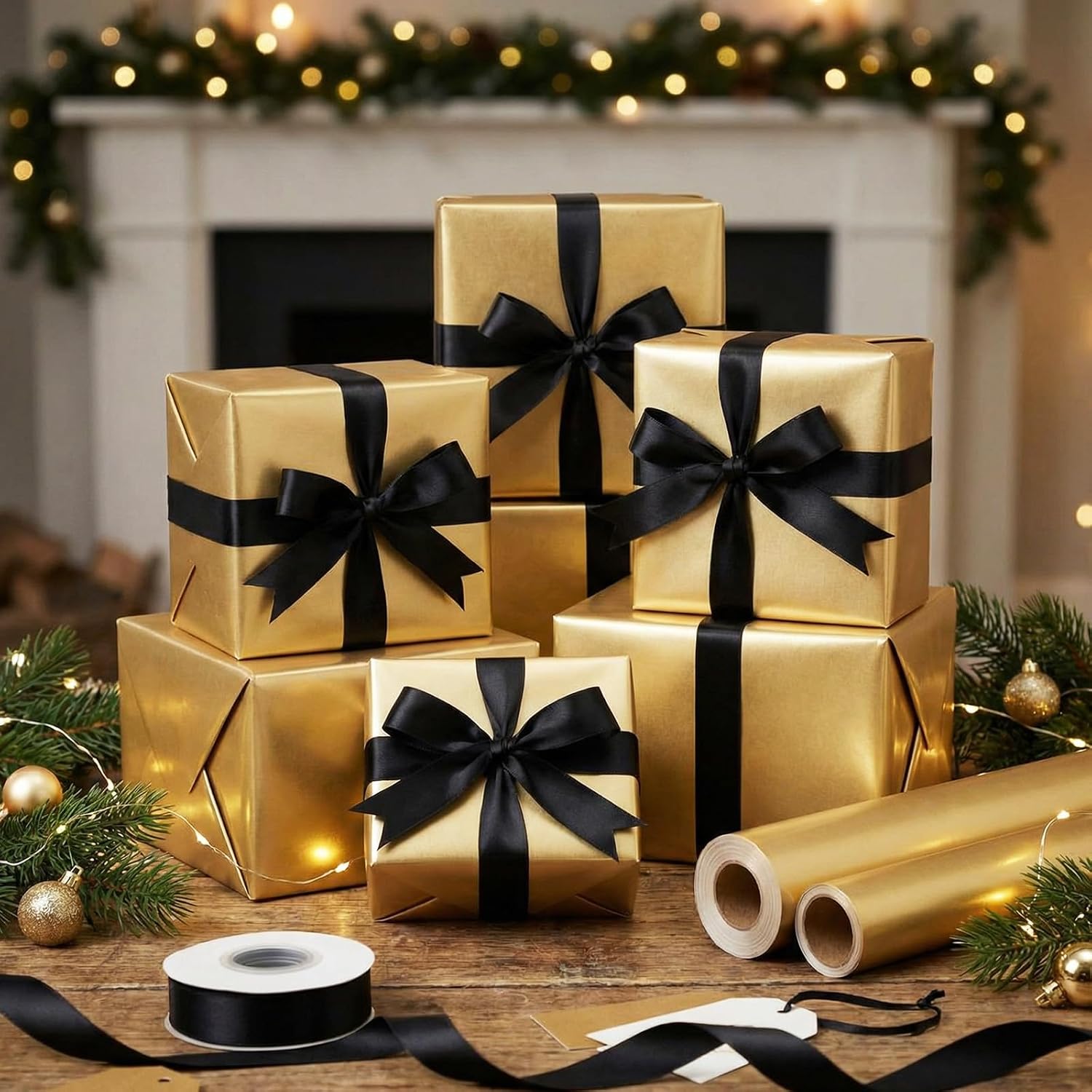 Feifeiya Graduation Gift Wrapping Paper Roll for Class of 2026, 2 Rolls 17.5'' x 33' Black and Gold Gift Wrapping Paper, with 1 Roll 1'' x 25 yd Stain Ribbon