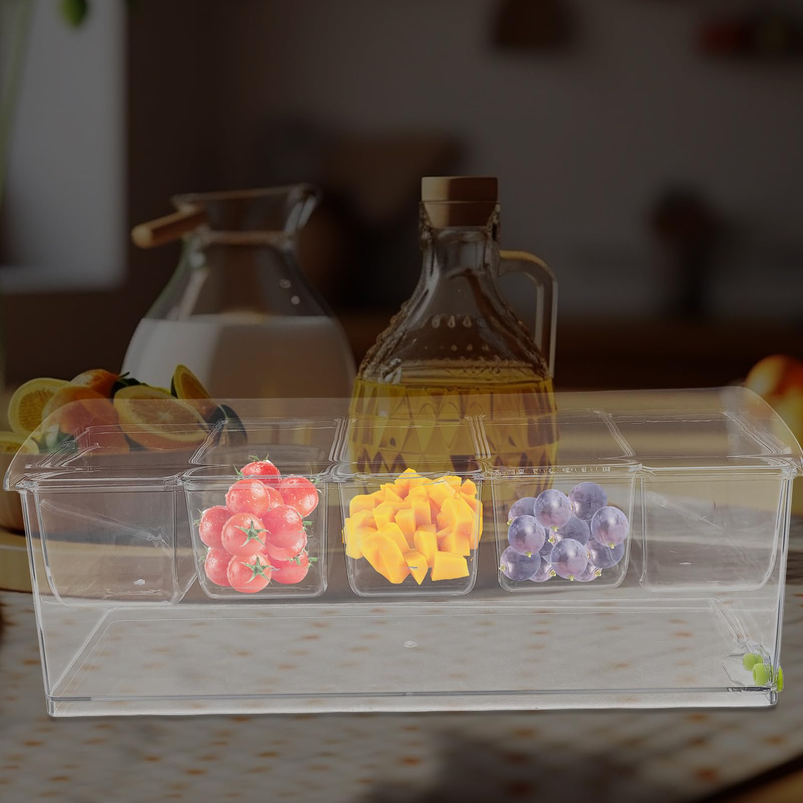 Zerodeko Vassoio Refrigerato in Plastica Pet con 5 Scomparti e Coperchio, Dispenser per Condimenti Facile da Pulire per Buffet e Esposizione di Alimenti Freddi