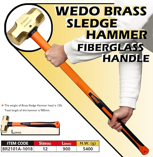 Miniatura 8 de WEDO Juego de martillos de trineo de latón de 2 piezas, 2lb+2 libras, mango de fibra de vidrio, no magnético, forja a presión, resistente a la