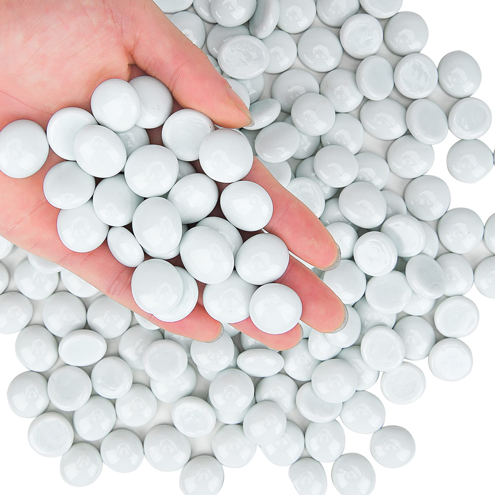 290pcs White Glass Pebbles,1.35kg Flat Marble Beads,Vase Filler Stones Fire Glass Pebbles Artificial Crystal Gemstones Decorative Stones River Pebbles for Aquarium, Flowerpot, Landscaping