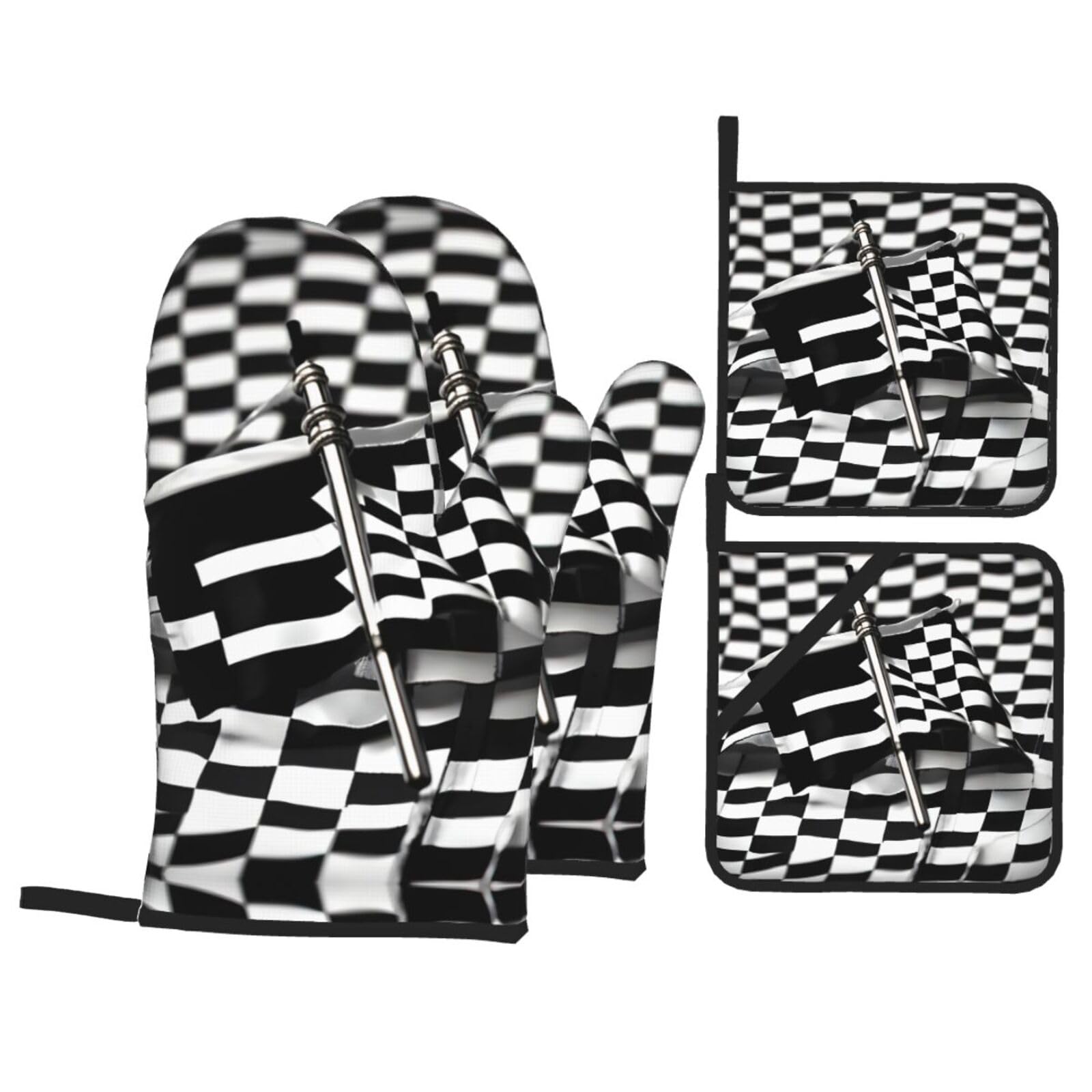 Checkered Flags Race Flags Print Oven Microwaving Waterproof Kitchen Gloves for Baking Grilling Holiday Cooking