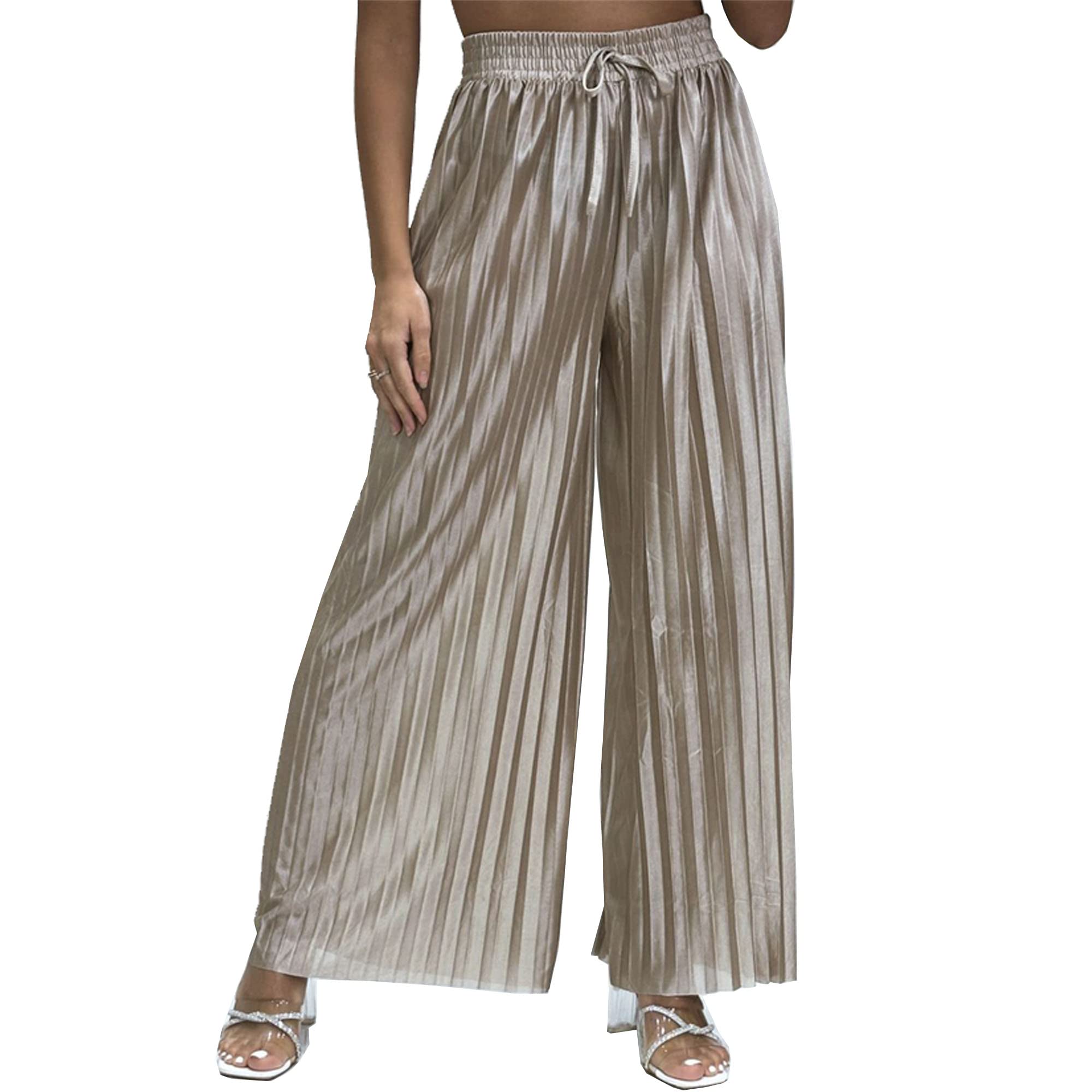 Women's Pleated Satin Relaxed Wide Leg Smart Casual Palazzo Trousers (as8, Alpha, l, x_l, Regular, Regular, Mocha)
