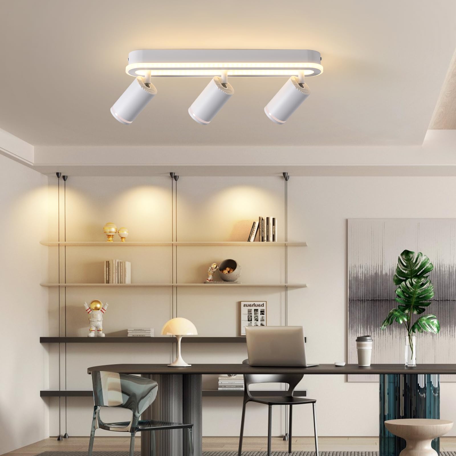 MYCUL LED Deckenstrahler 3 Flammig Schwenkbar 350°, Deckenleuchte mit unteres Glühen 27W+3x5W GU10 Spots,3000K Warmweiß Deckenspot strahler,Modern Deckenlampe Lampe,Spotleuchte für Küche,Flur-Weiß