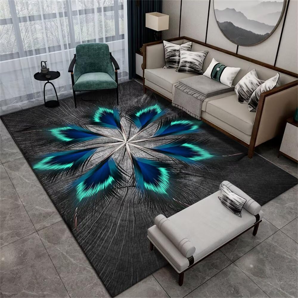 Tapis de salon à motif de plumes au tissage haut de gamme et finitions soignées gris et bleu