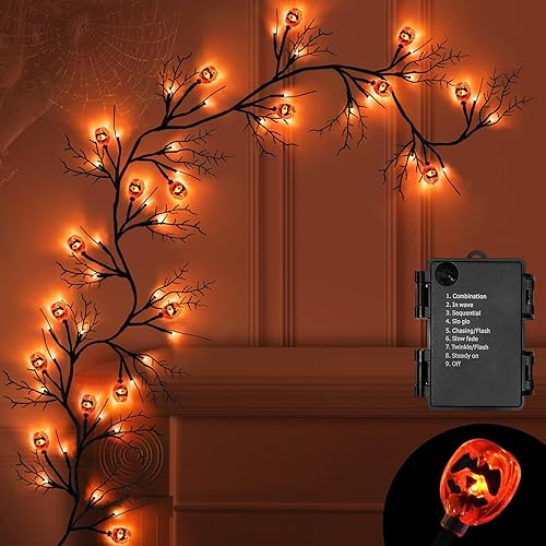 8 modos y temporizador Guirnalda de decoración de ramitas de sauce de Halloween con 54 luces LED de 6 pies con 18 calabazas naranjas, impermeable,