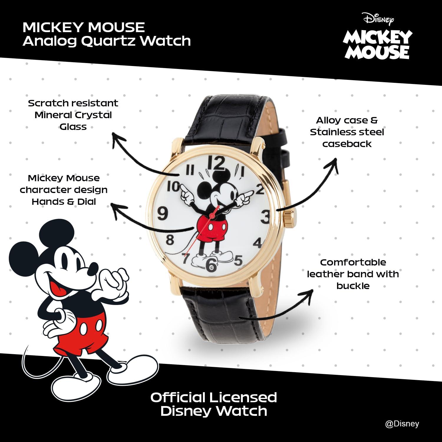 DISNEY Mickey Mouse Articulating Hands Watch for Men – Stylish Mickey Watches for Men, Enthusiasts – Classic Mouse Watch with White Dial, Gold Case, and Black Leather Strap