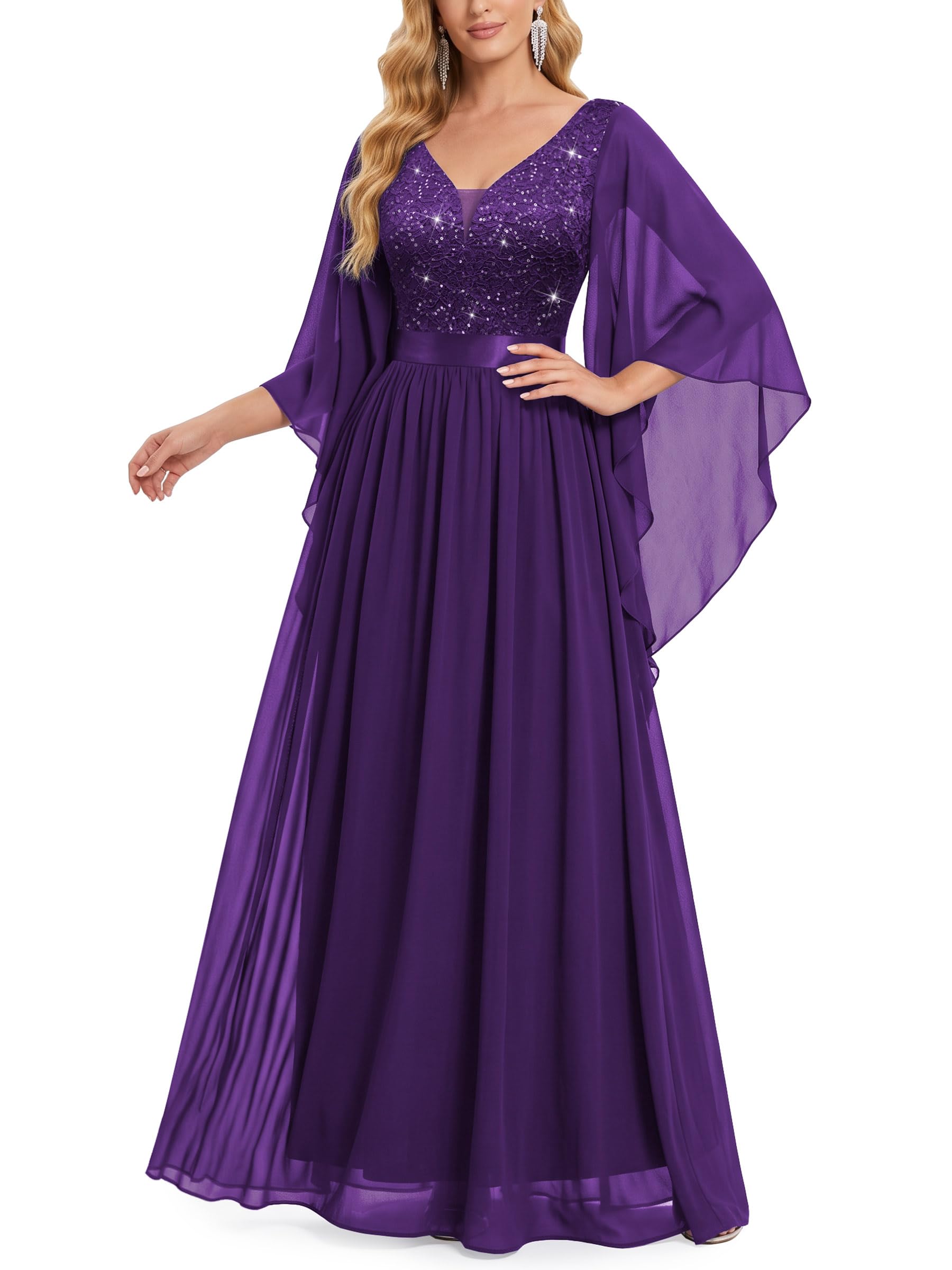Miusol Women's Deep-V Neck Lace Contrast Sequin Formal Evening Maxi Dress