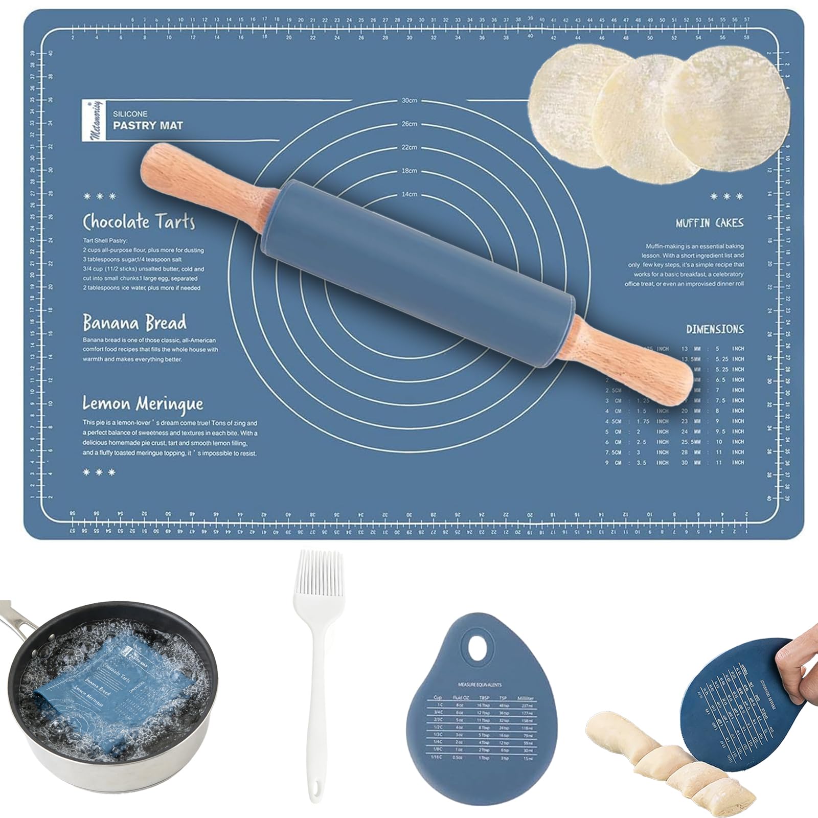 Set Combinato in Silicone E Tappetino in Silicone, 60x40 cm, Mattarello e Blu Tappetino per Impasto + Raschietti + Pennello, Spianatoia Silicone per Pasta, Pizza, Pasticcino