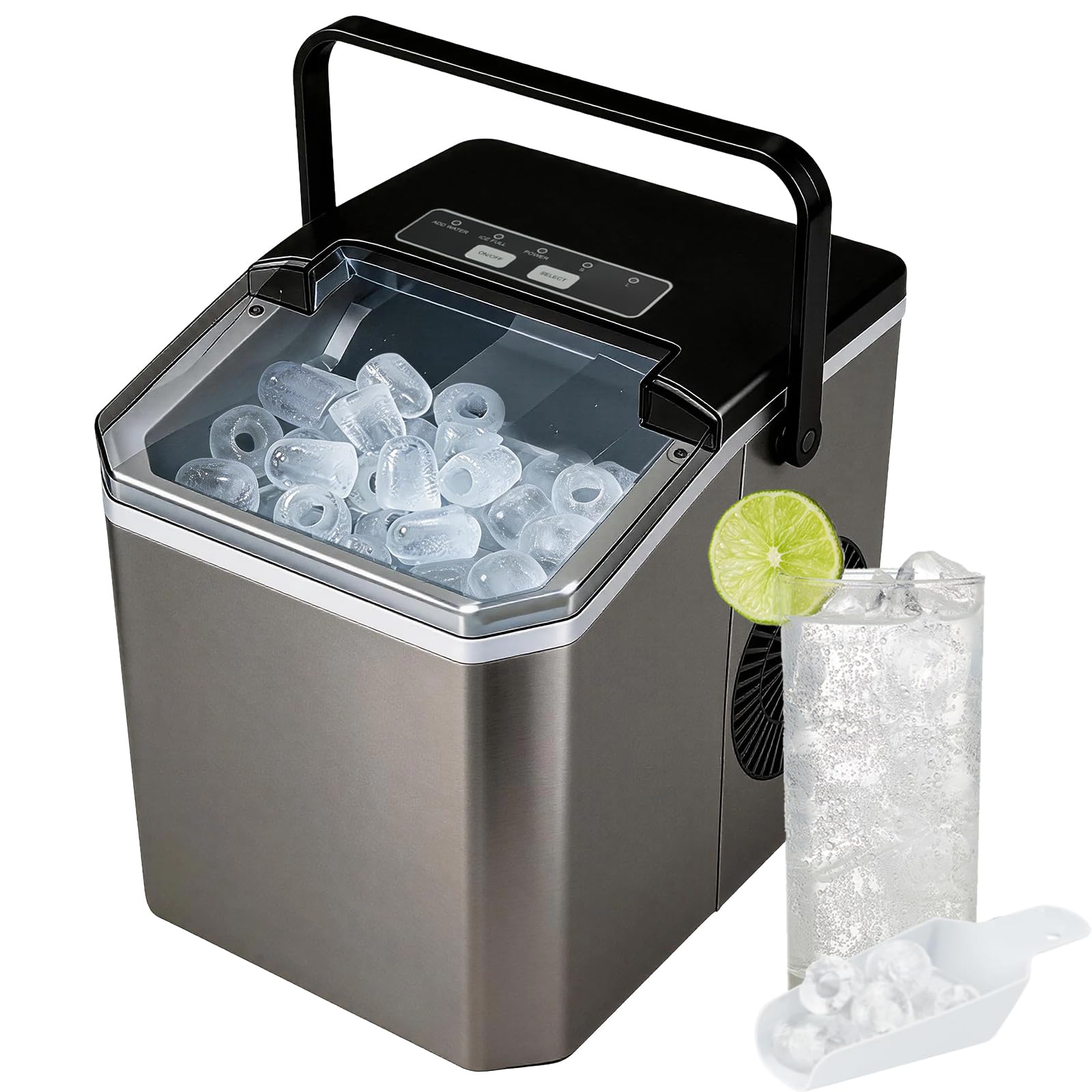 Eiswürfelmaschine 24 Stunden, 9 Eiswürfeln in nur 6 Min., 2 Größen von Bullet Ice, Selbstreinigender Eiswürfelbereiter Kleine 14kg, Mit Tragegriff, Eisschaufel u. Korb, Ice Maker für Party Büro RV