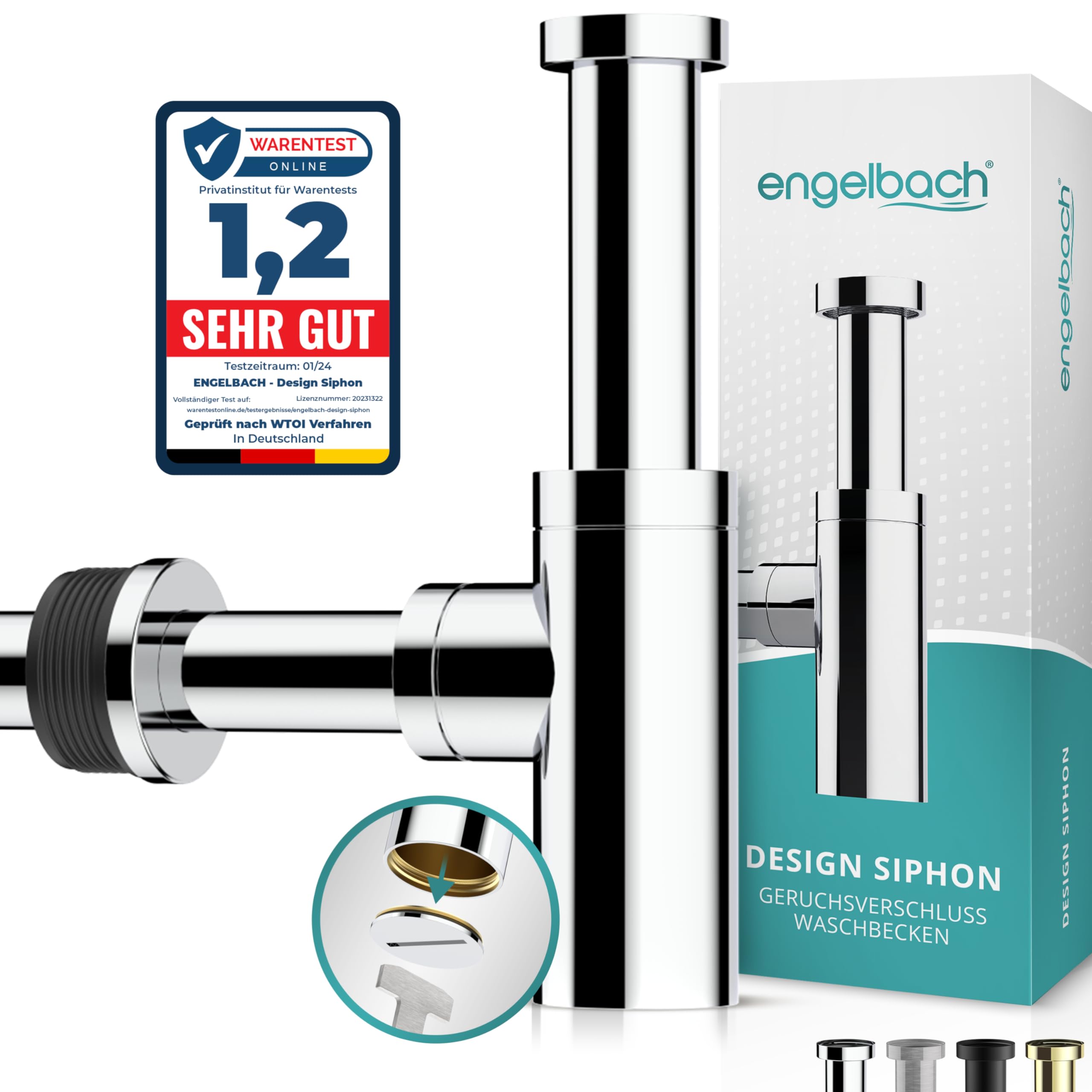 Engelbach® Design Siphon für Waschbecken & Waschtisch - Mit Reinigungsöffnung - Universal Abflussrohr 1 1/4" - Geruchsverschluss, Syphon inkl. Gummimanschette und Anleitung