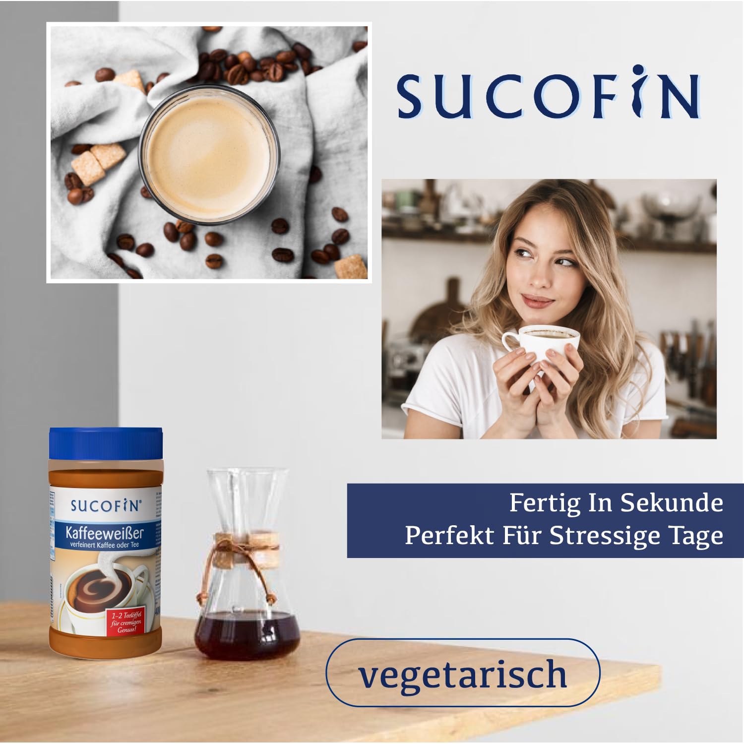 SUCOFIN Juego de 6 botes de 400 g para café y té, fácilmente soluble, larga duración, reemplazo perfecto para leche en polvo, pack de 6 para un disfrute cremoso