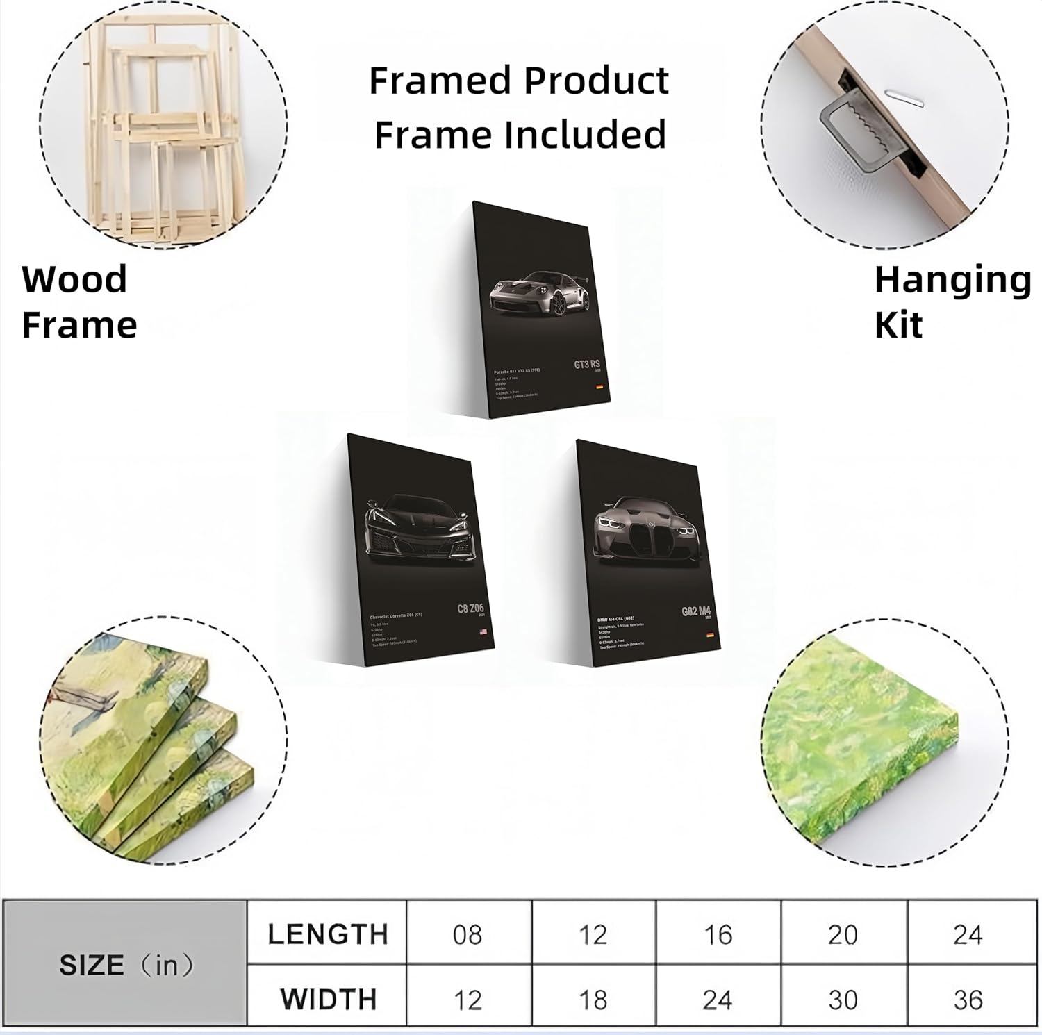 3Pieces Supercar Poster 911GT3RS M4CSL C8Z06 Poster Racing Wall Art Painting Canvas Birthday Gift Prints House Decor Framed or Unframed (Black, 16L x 24W, Unframed Poster)